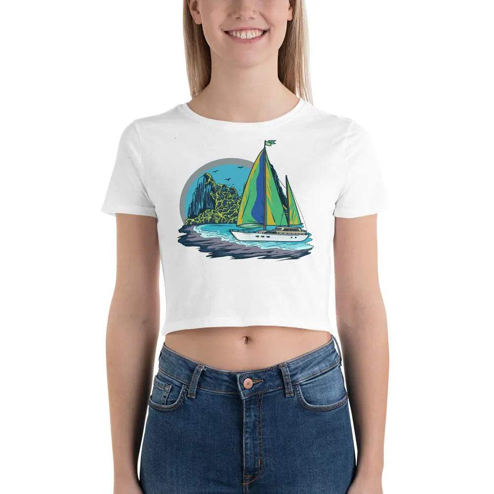 Caribbean Paradise Women s Crop Tee with sailboat graphic, slim fit white crop top above navel, cotton polyester blend