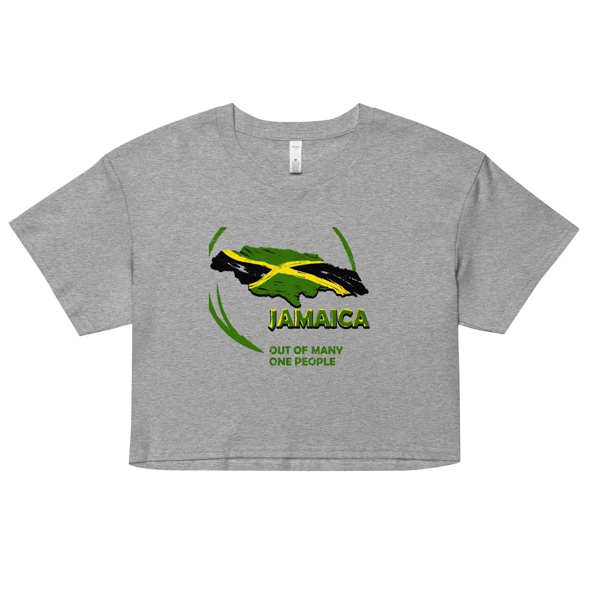 Grey women's crop top with Jamaica map and "Out Of Many One People" text design