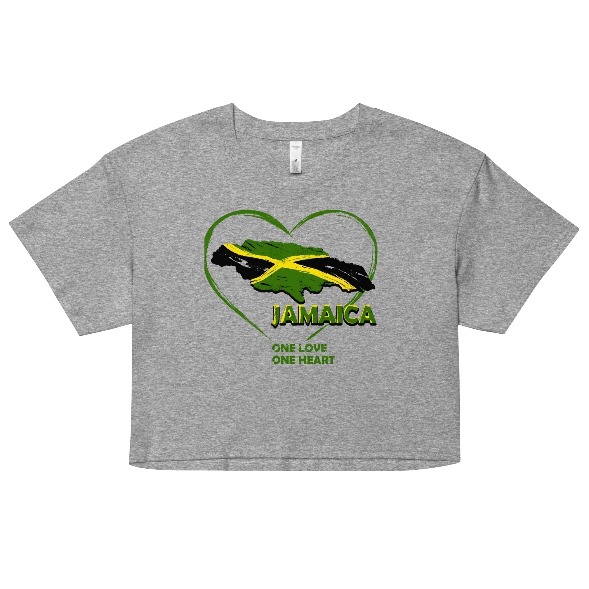 Gray women's crop top with Jamaica map and flag in heart design and "One Love One Heart" text