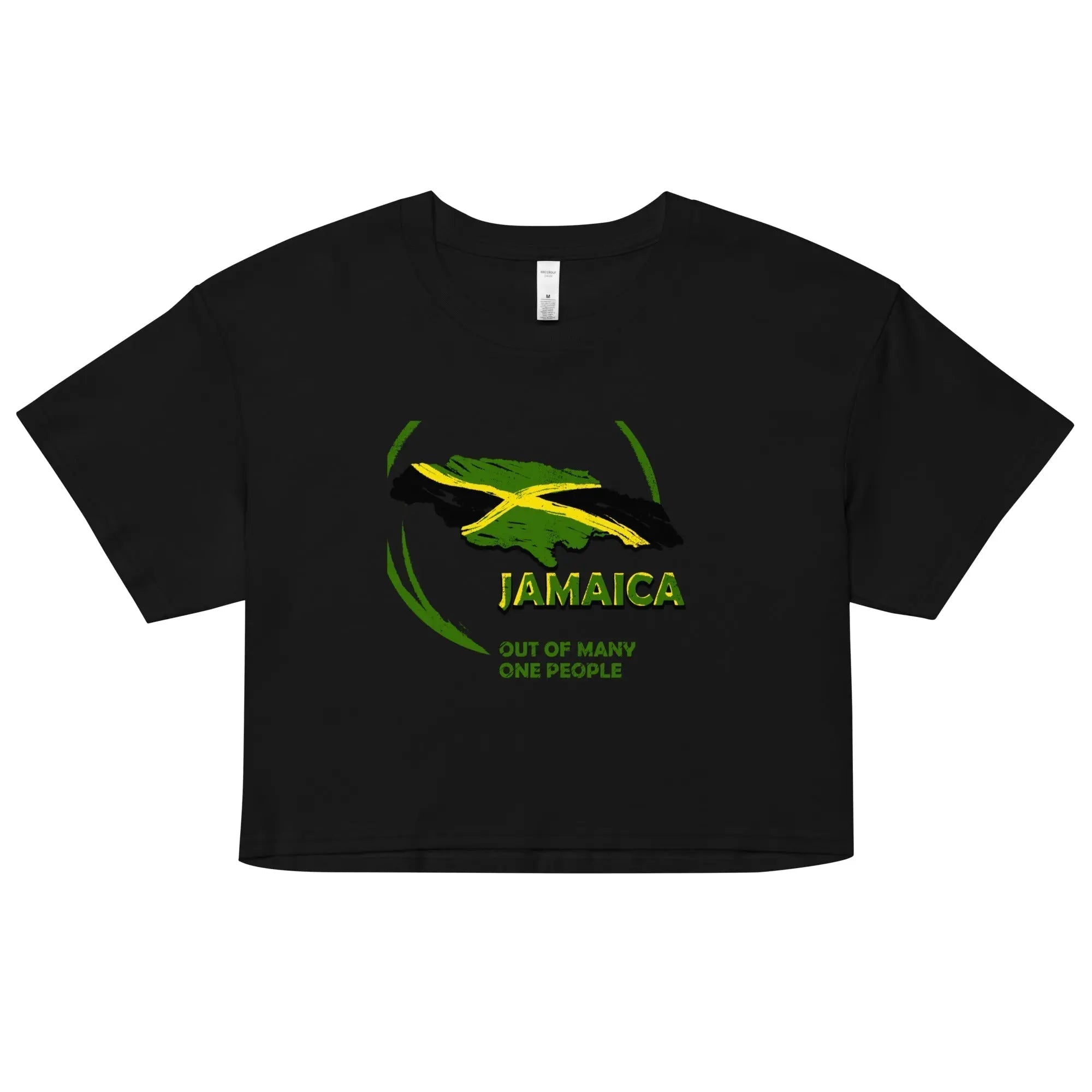 Black women's cropped top with Jamaica map and flag in green, gold, and black, featuring "Out Of Many One People" text.