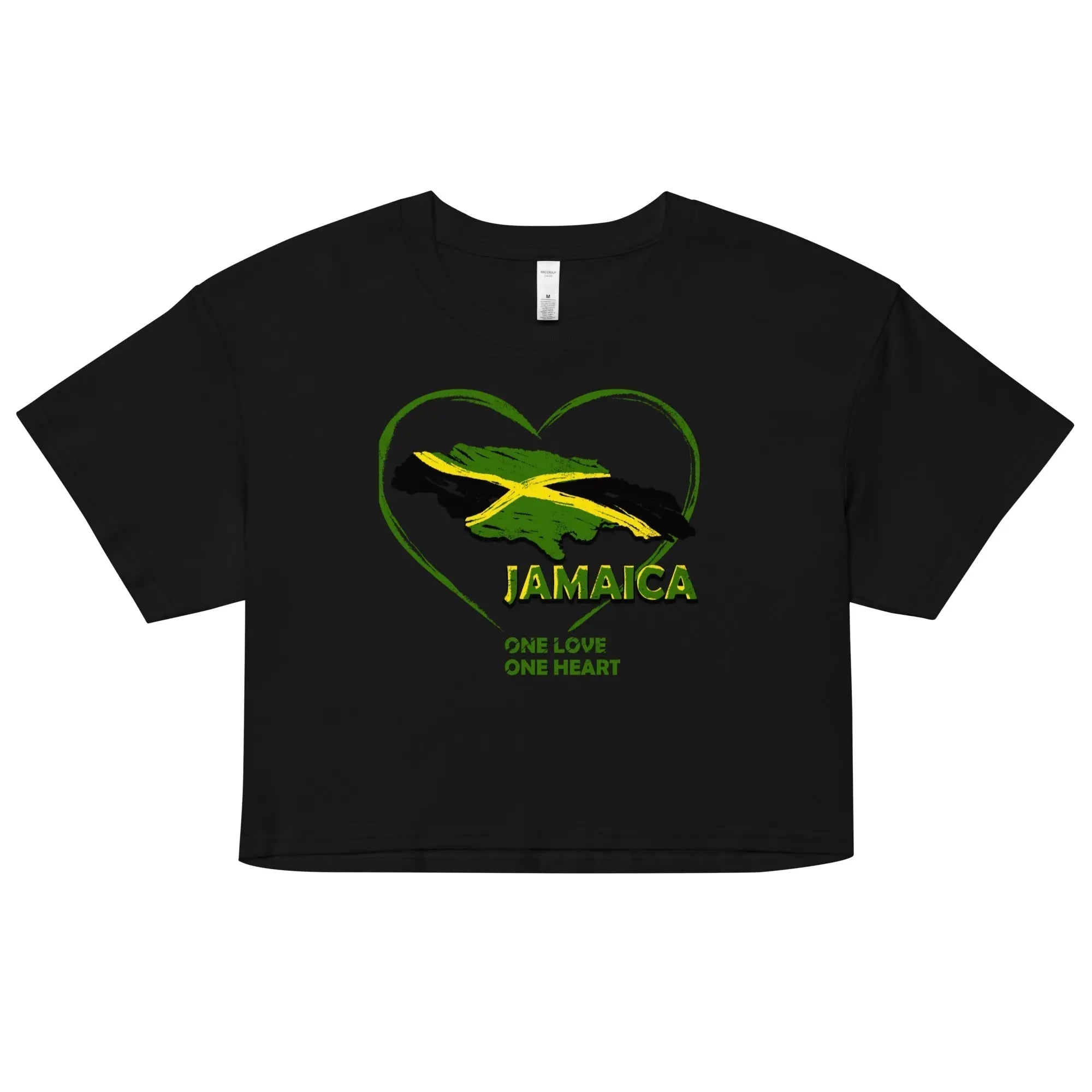 Black women's crop top with heart-shaped Jamaica map and Jamaican flag colors featuring "One Love One Heart" text design