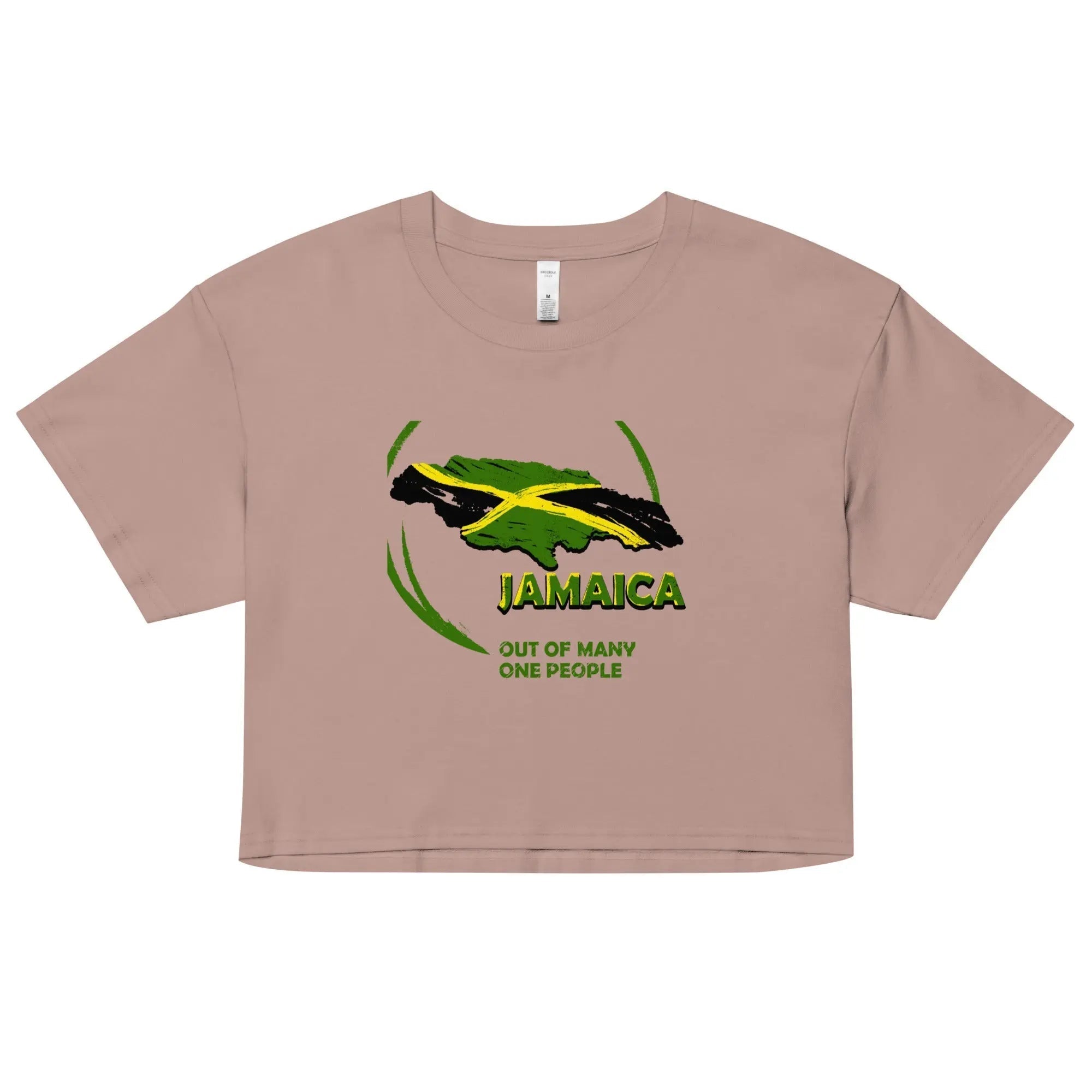 Women's crop top featuring Jamaica map with national flag colors and "Out Of Many One People" slogan