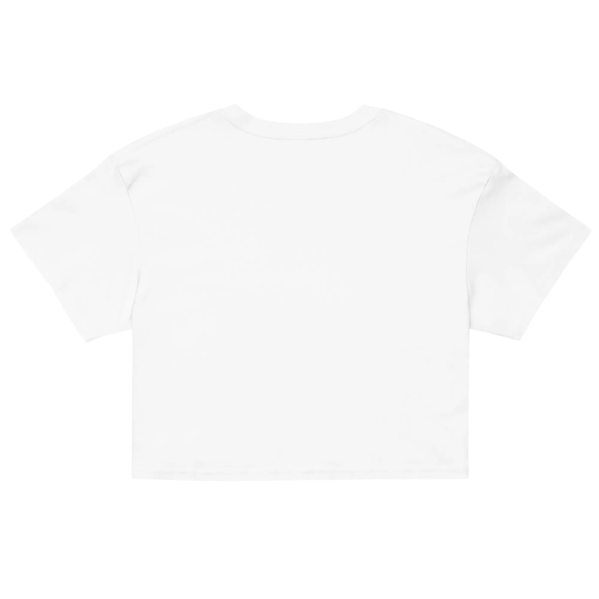 White women's crop top with relaxed fit, ribbed crew neck, and dropped shoulders, made from 100% combed cotton, ideal for spring and summer wear.