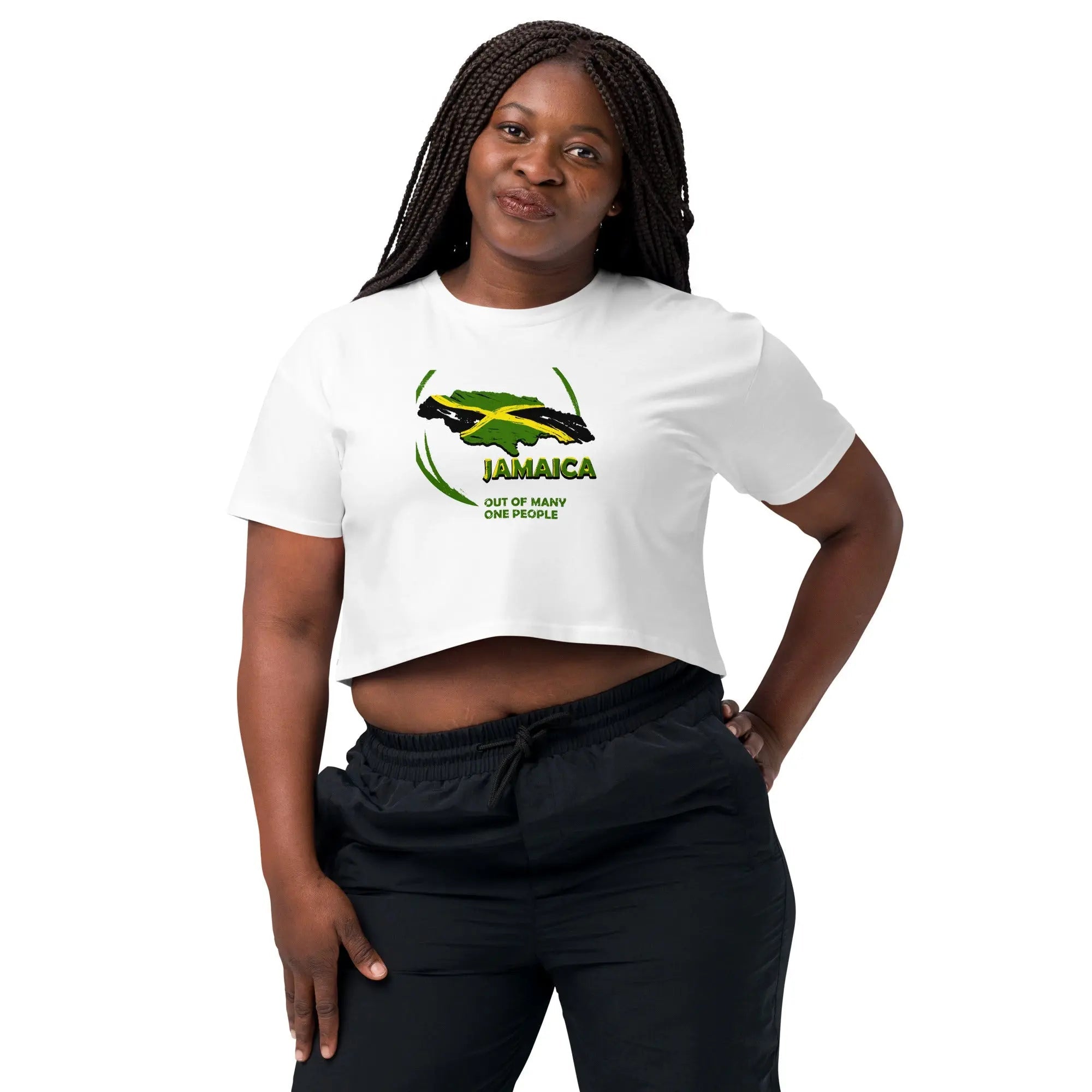 Woman wearing white cropped t-shirt with Jamaica map and "Out Of Many One People" design