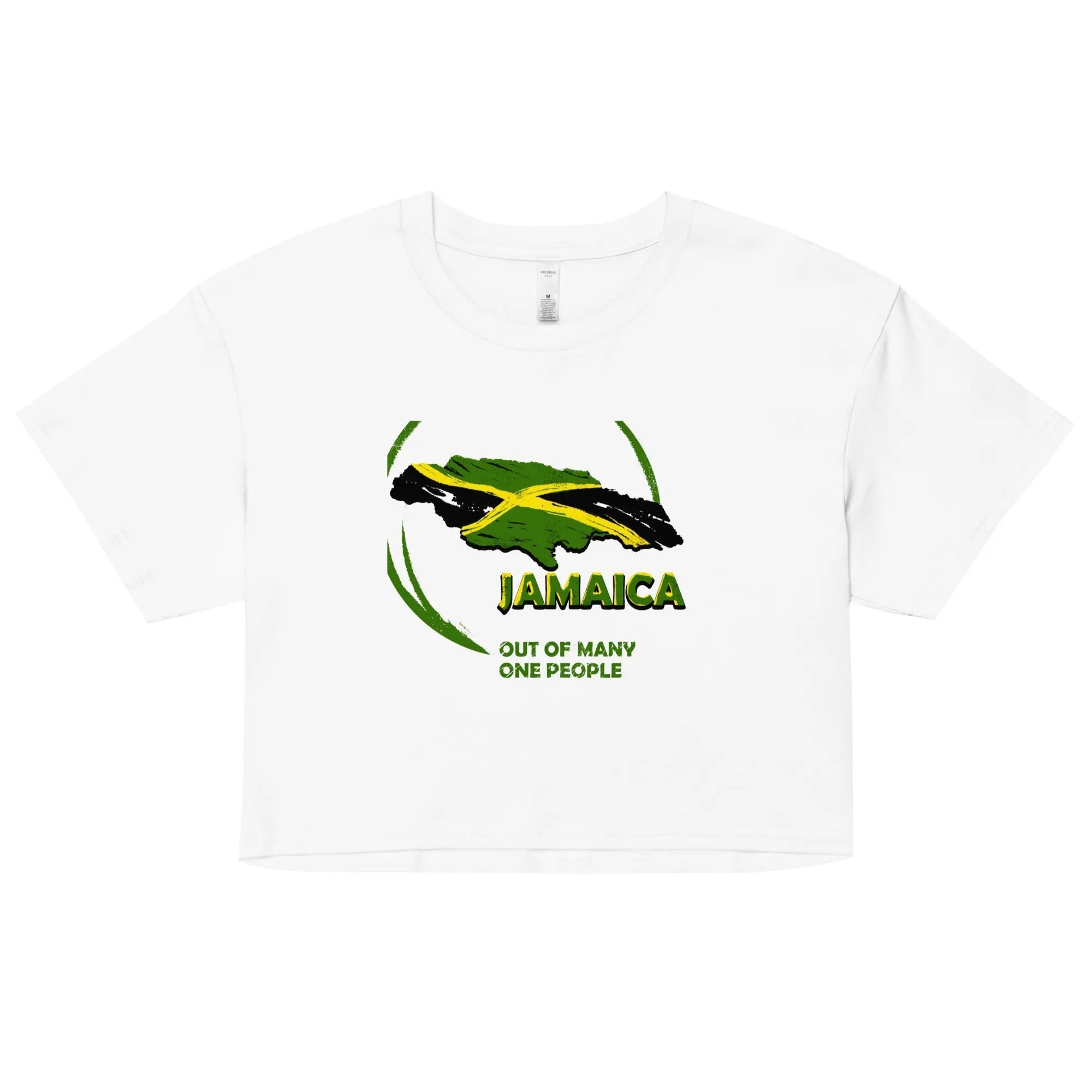 White women's crop top with Jamaica map and flag design, "Out Of Many One People" text, relaxed fit and ribbed crew neck