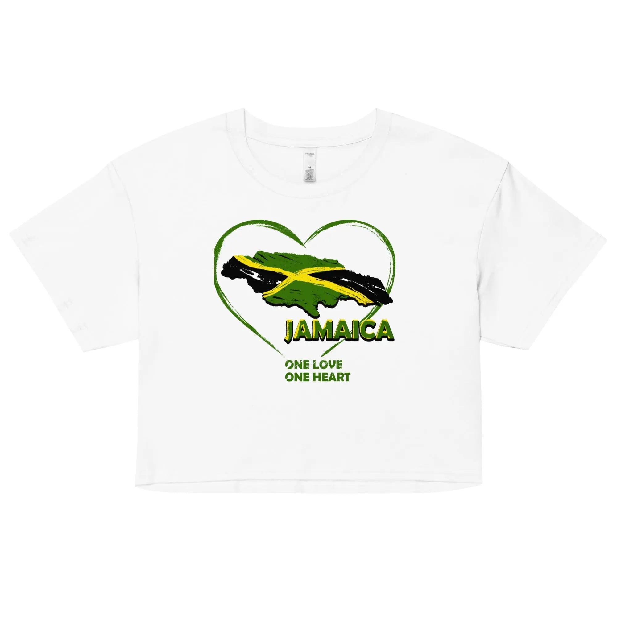 White women's crop top with Jamaica map and flag heart design featuring "One Love One Heart" text