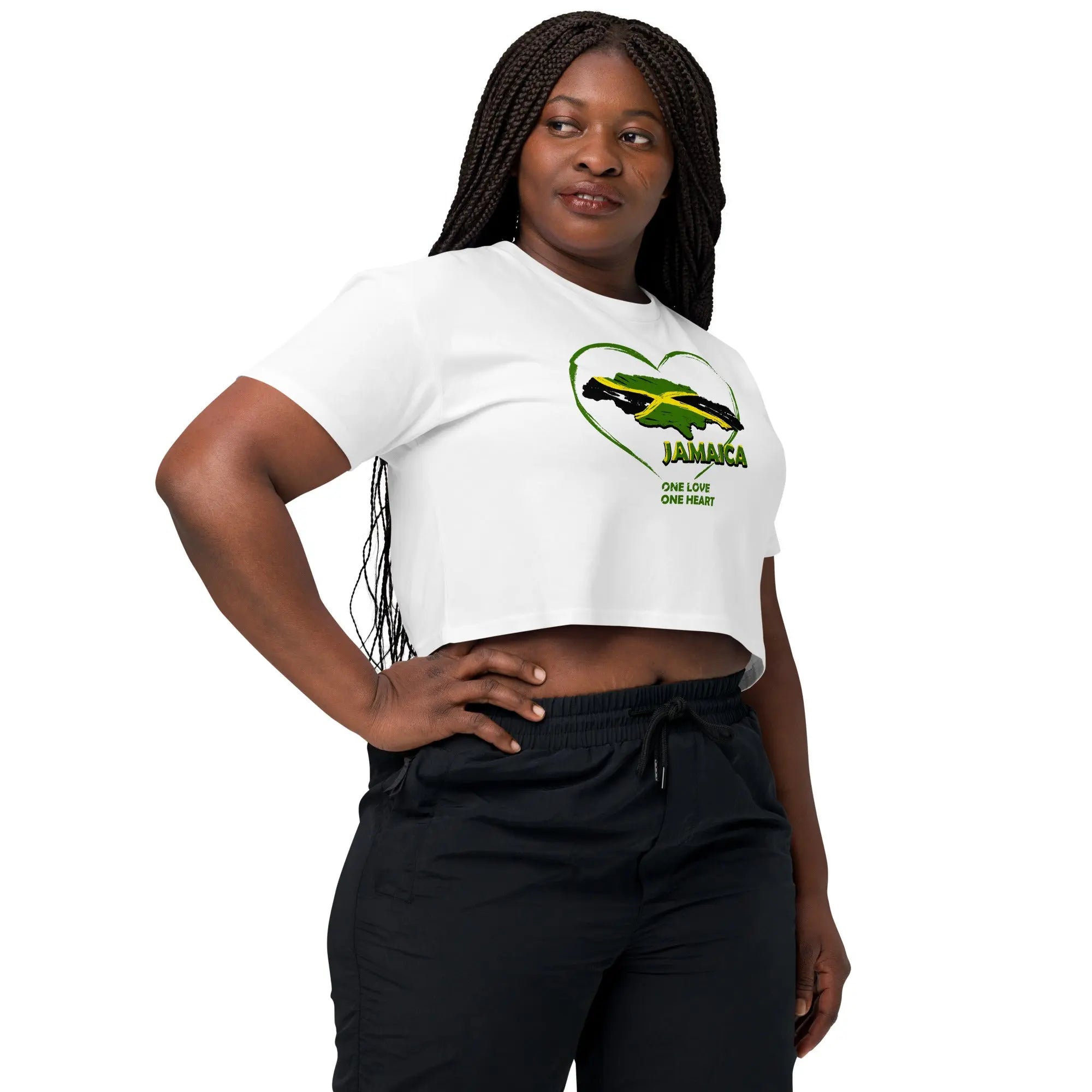 Woman wearing white One Love One Heart crop top with heart-shaped Jamaica map and flag design
