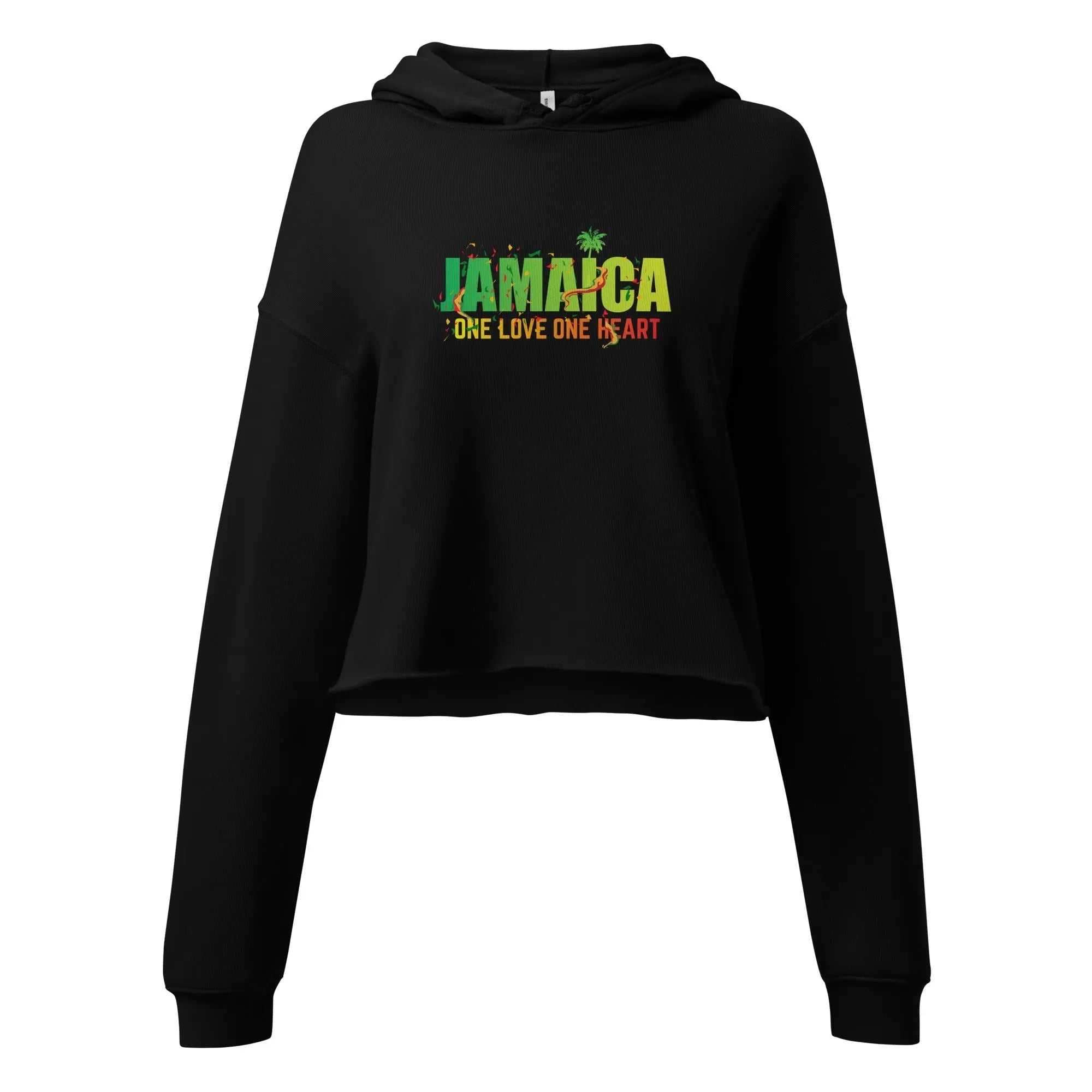 Black cropped hoodie with Jamaica One Love One Heart text and tropical design for ladies
