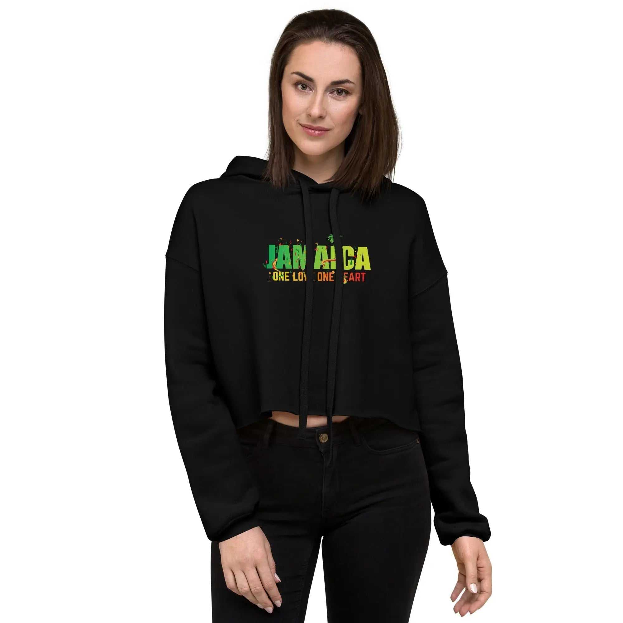 Black cropped hoodie for women with Jamaica One Love One Heart text and tropical design
