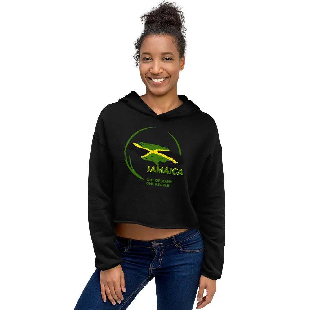 Black ladies crop hoodie with "Jamaica" graphic, raw hem, and drawstrings worn by smiling woman
