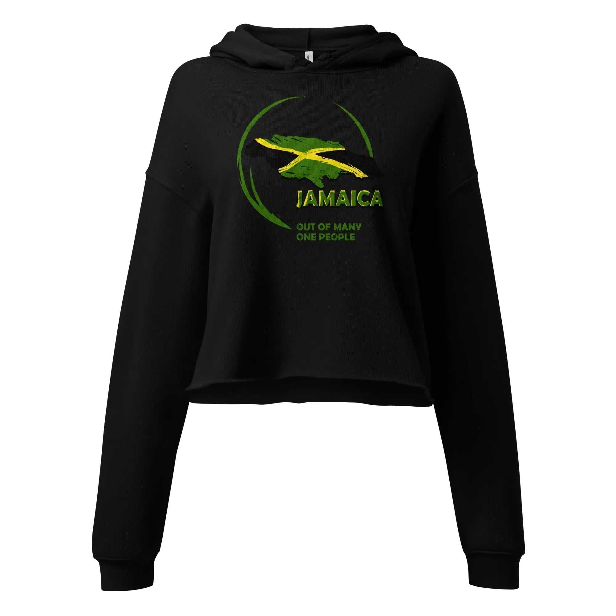 Black ladies crop hoodie with Jamaica graphic and raw hem design