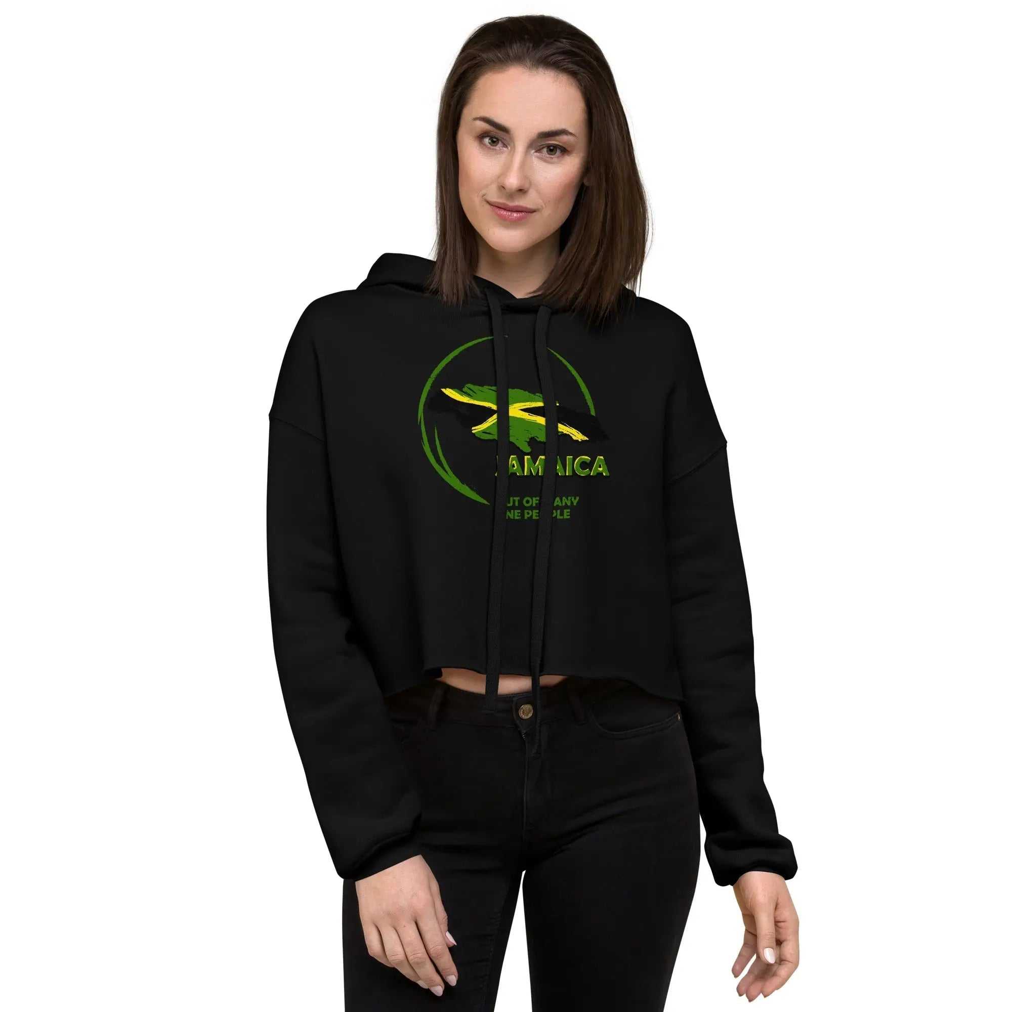 Woman wearing black Out Of Many One People ladies crop hoodie with raw hem and green-yellow graphic logo