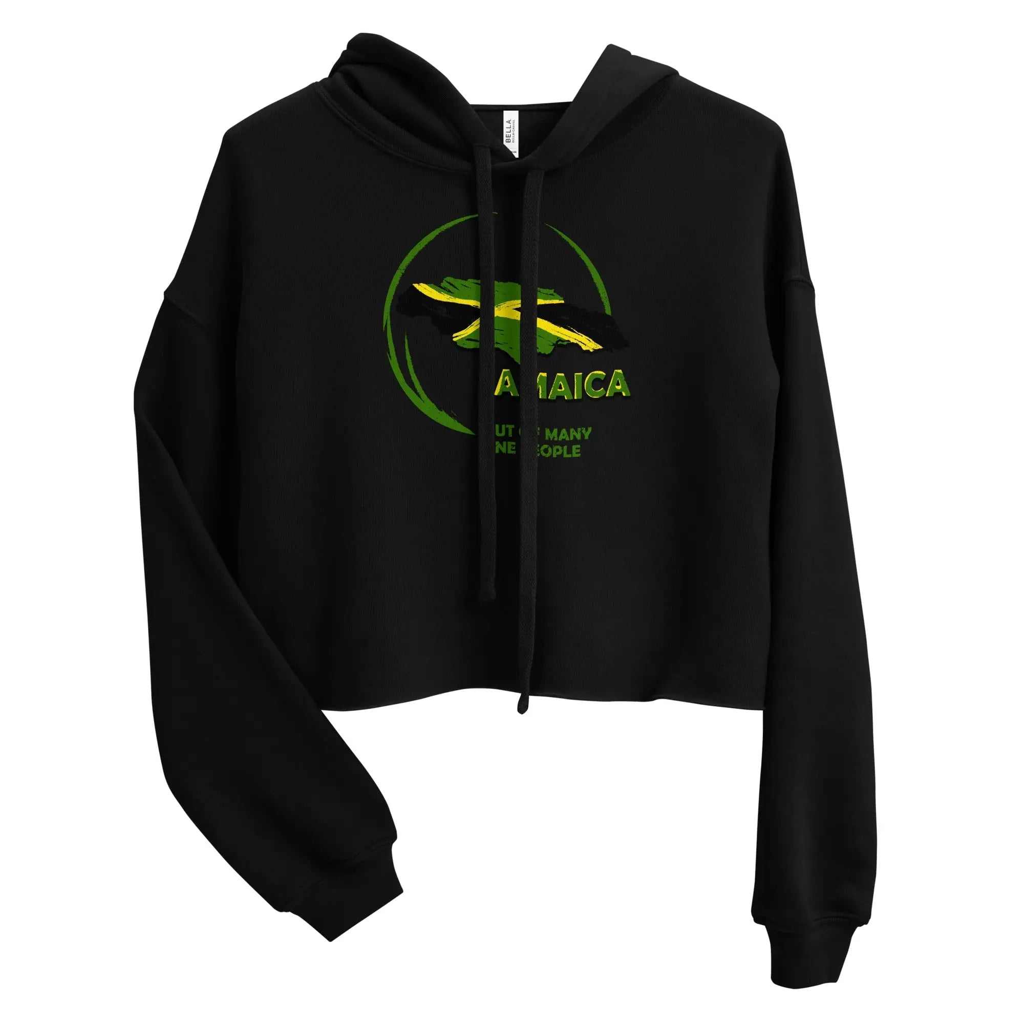 Black cropped hoodie with Jamaica map and "Out Of Many One People" design in Jamaican flag colors
