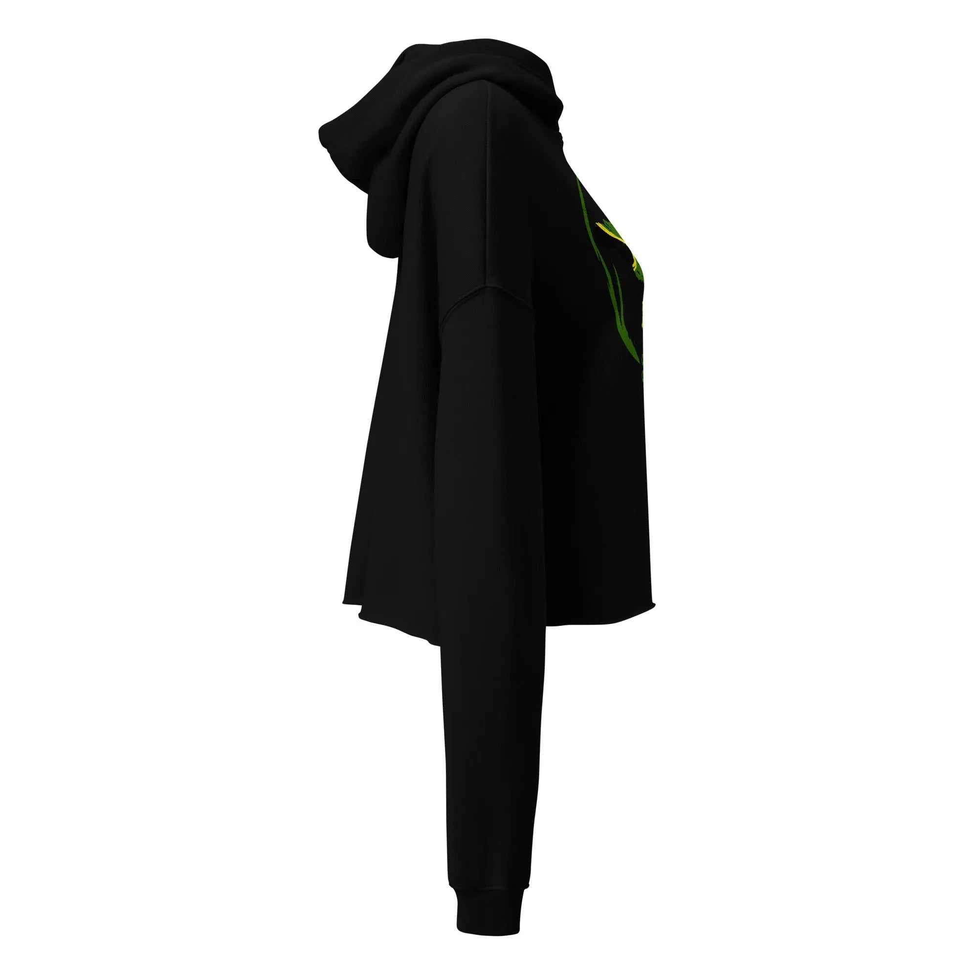 Side view of black People Ladies Crop Hoodie with dropped shoulder and raw hem design