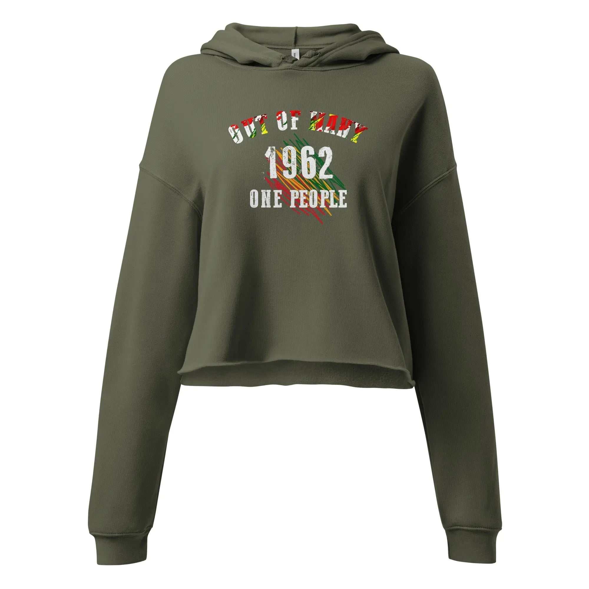 People Ladies Crop Hoodie with "Out of Many, One People 1962" design in green, gold, and black colors on olive green fabric