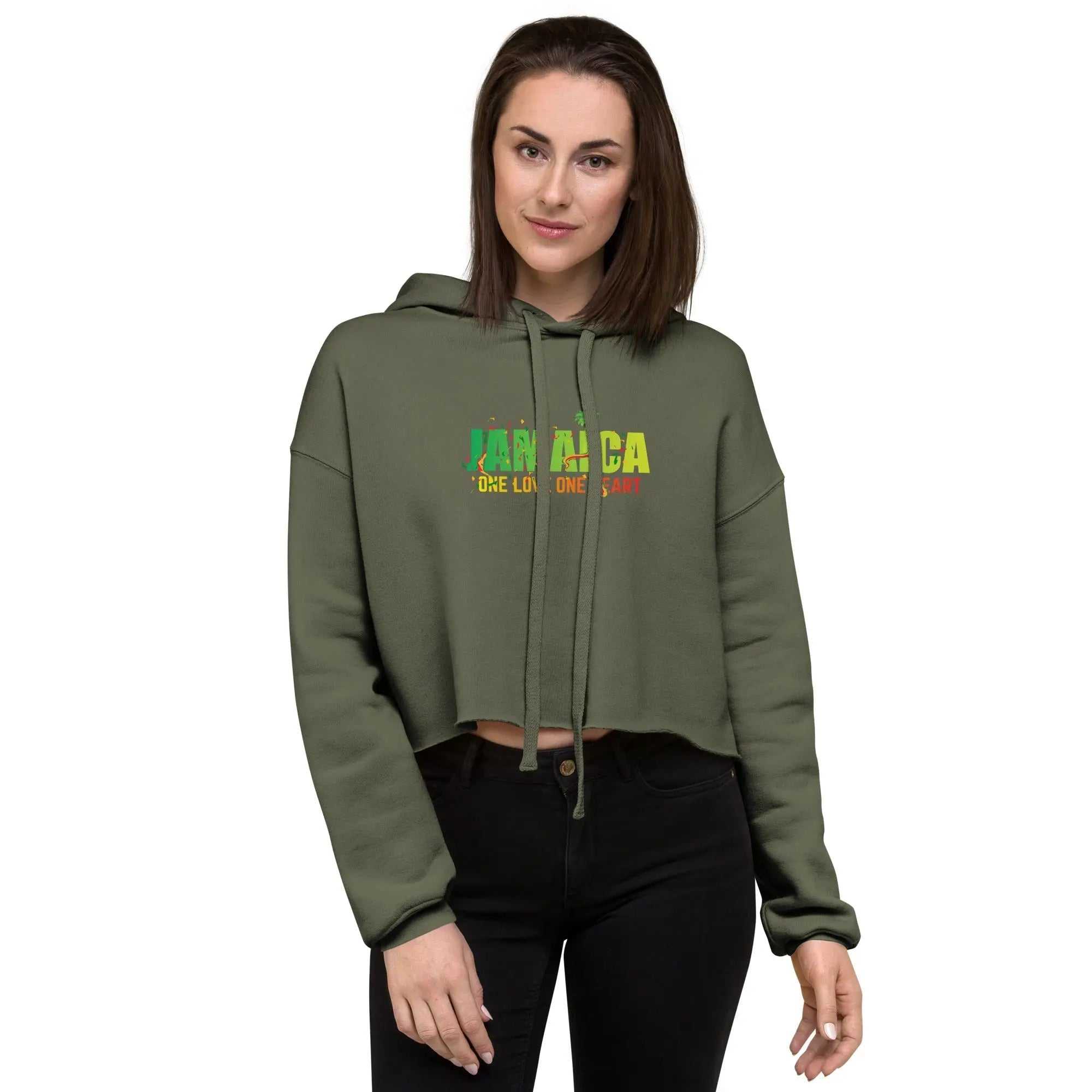 Heart Ladies Crop Hoodie featuring Jamaica One Love One Heart design with green, gold, and black colors on a cropped olive green hoodie.