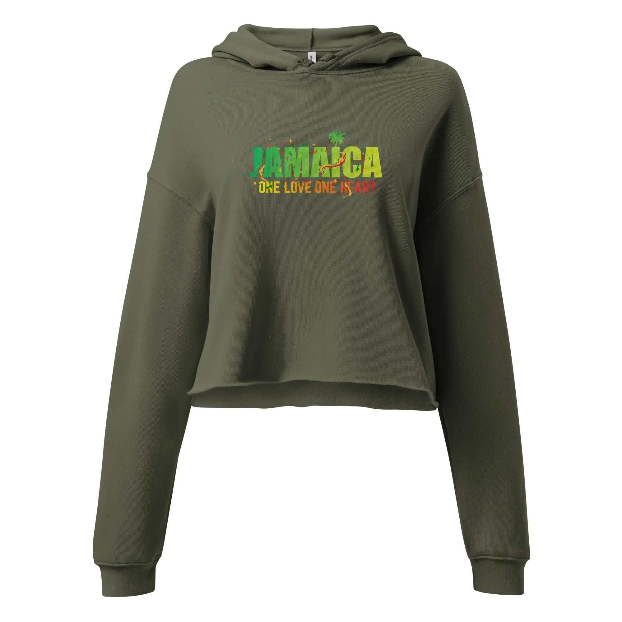 olive green cropped ladies hoodie with Jamaica One Love One Heart text and tropical palm design