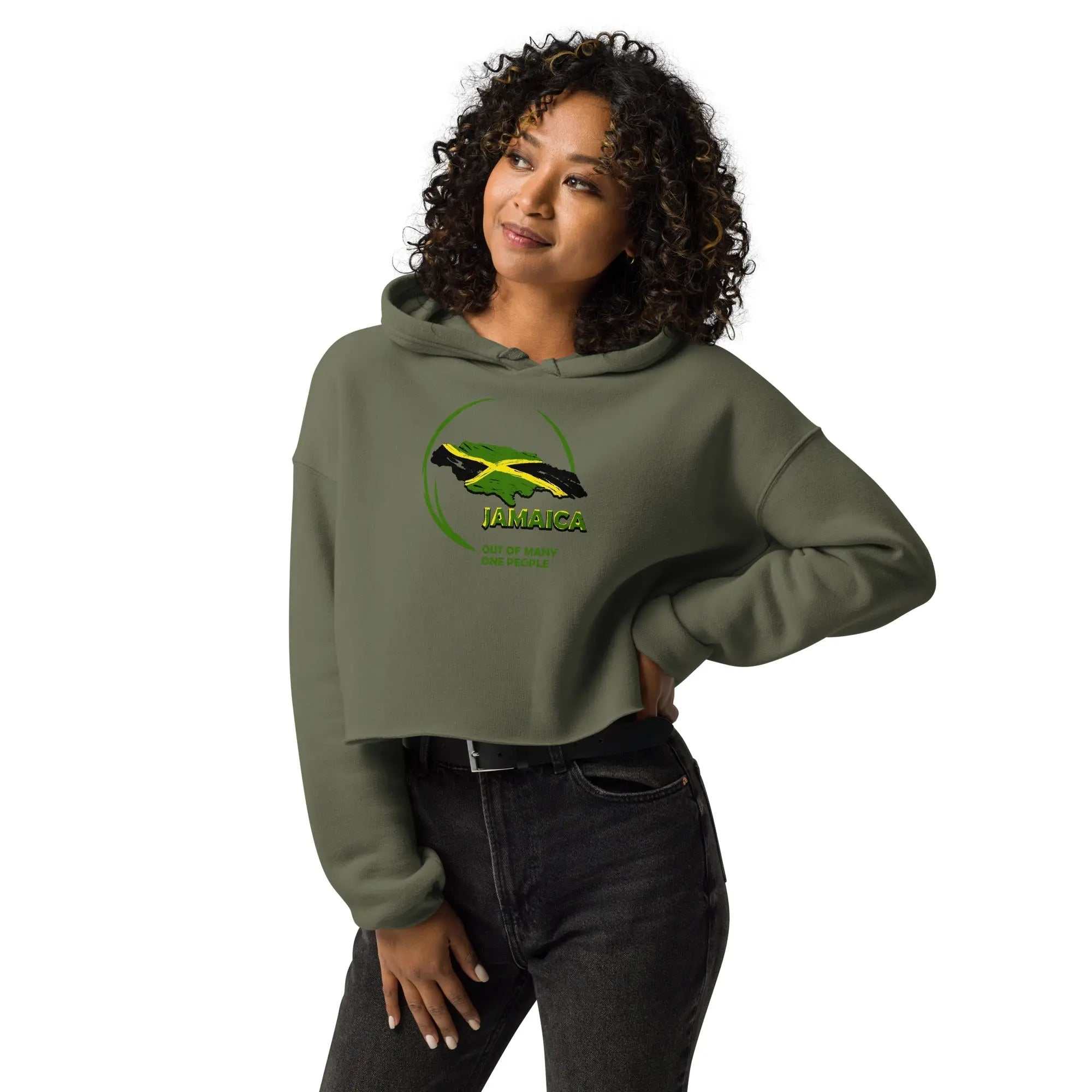 Olive green ladies crop hoodie with Jamaica flag graphic, raw hem, and dropped shoulder fit