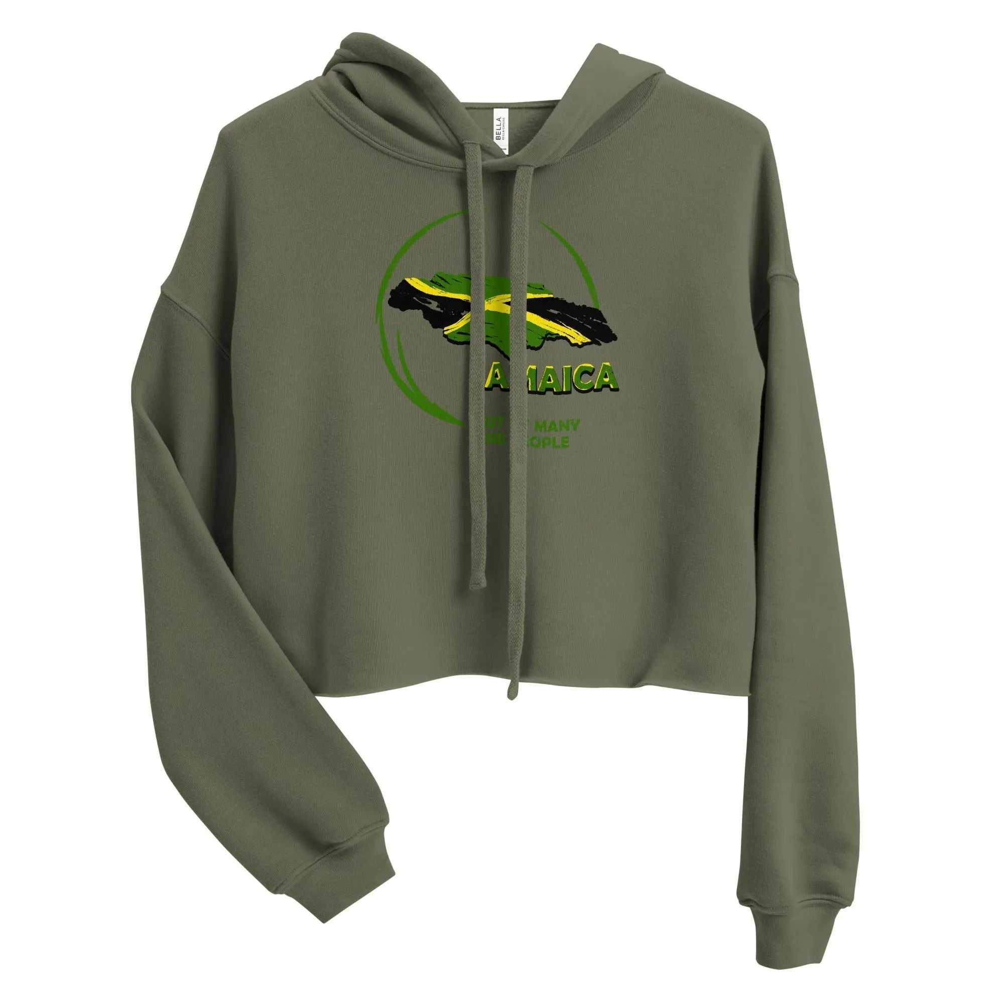 olive green cropped hoodie with raw hem and Jamaica map graphic for women