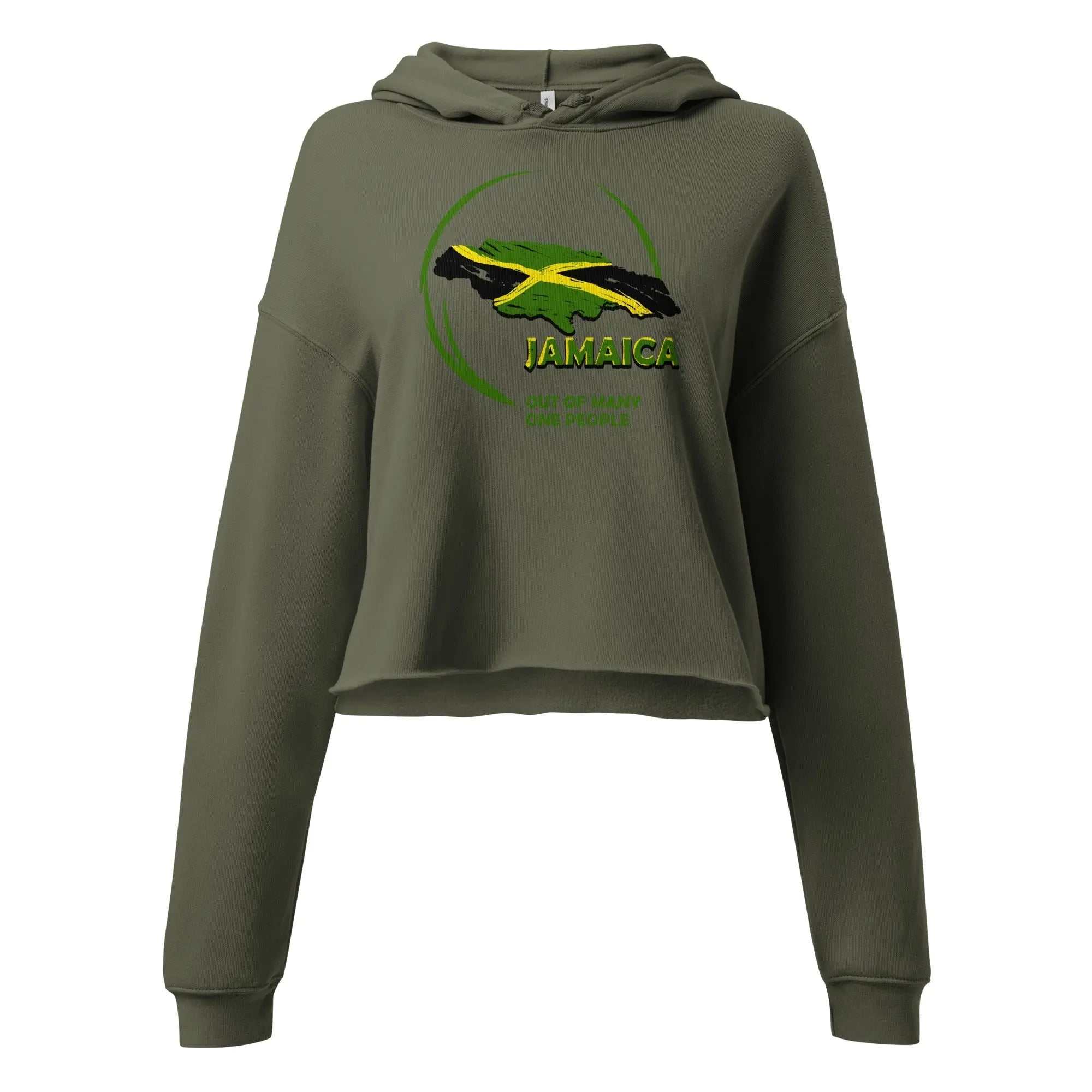 Olive green cropped hoodie with Jamaica map and flag colors logo featuring "Out Of Many One People" text and raw hem design
