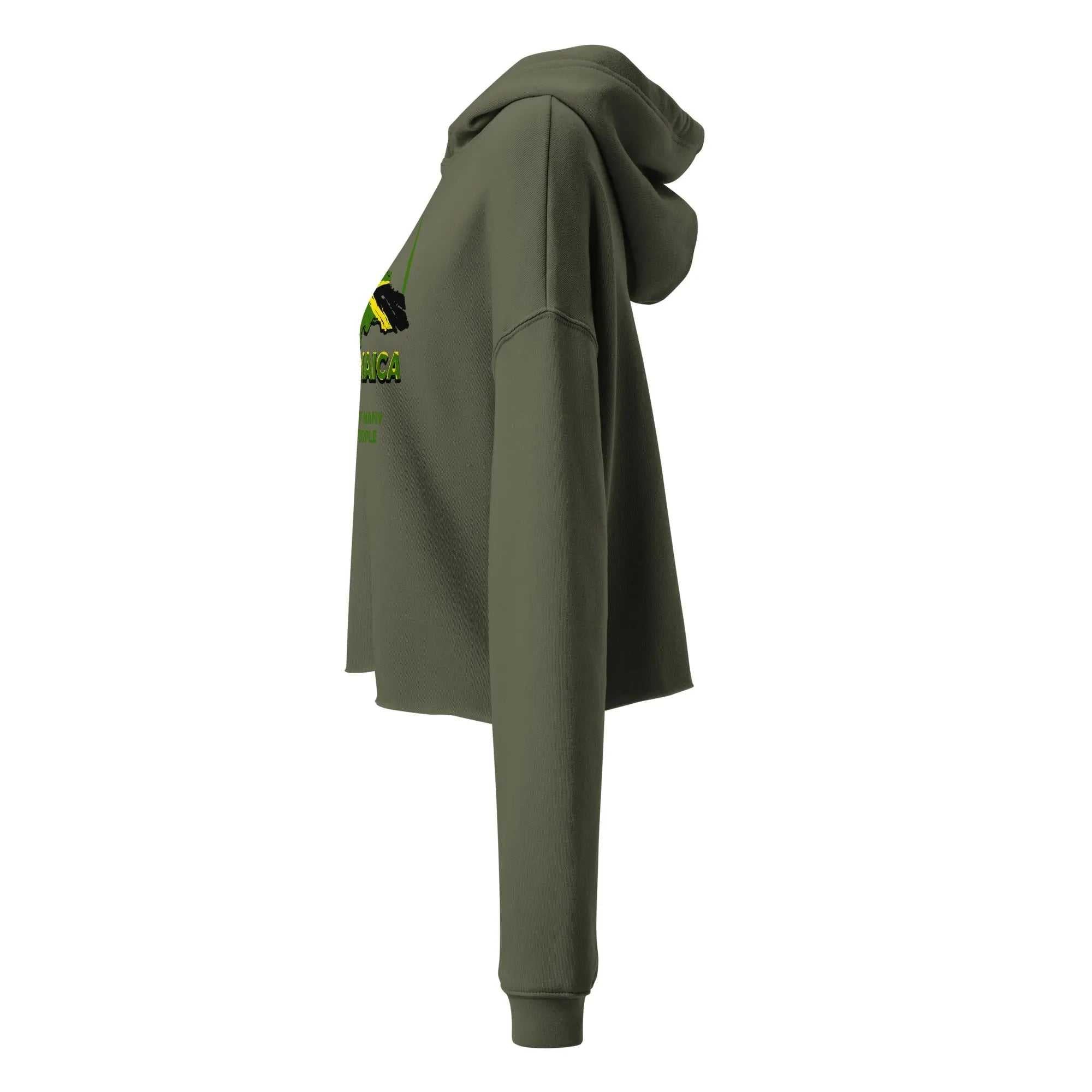 Side view of olive green People Ladies Crop Hoodie with raw hem and matching drawstrings