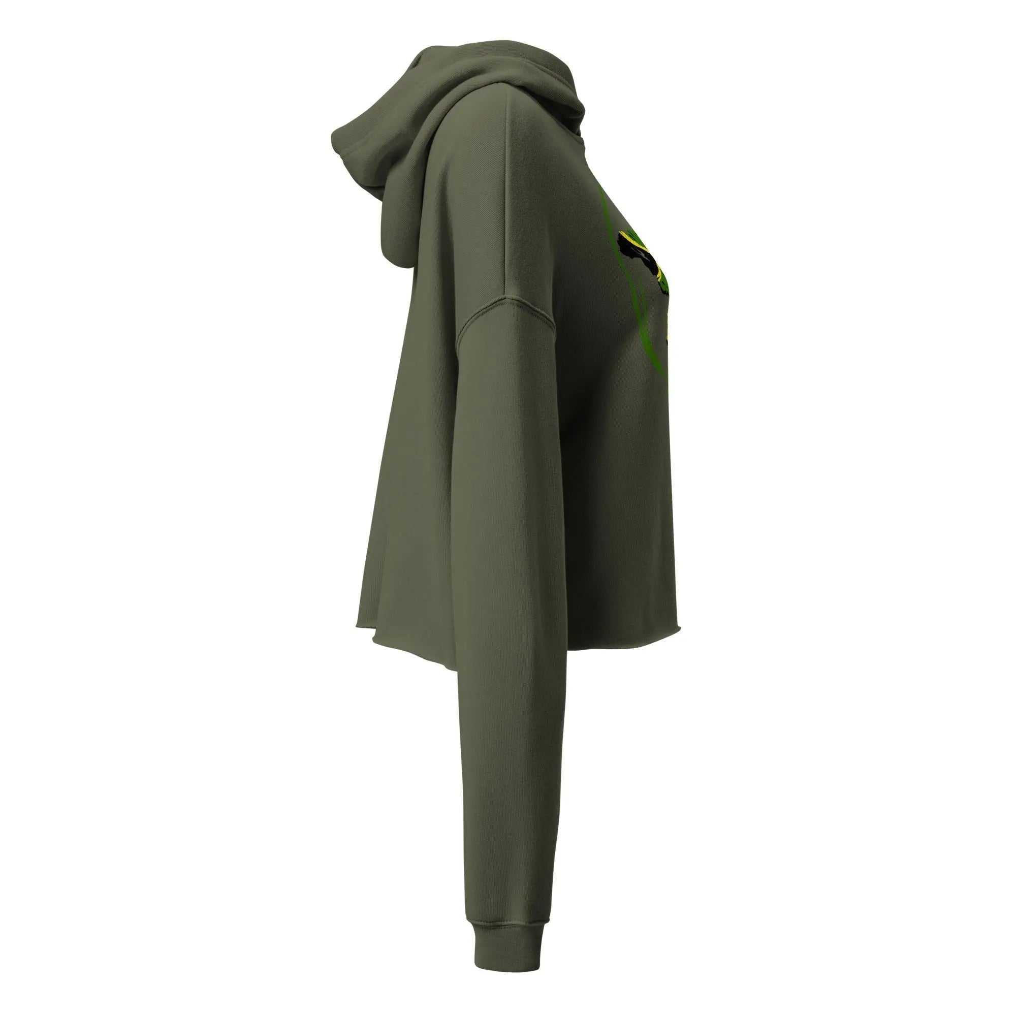Side view of olive green ladies crop hoodie with dropped shoulder and hood