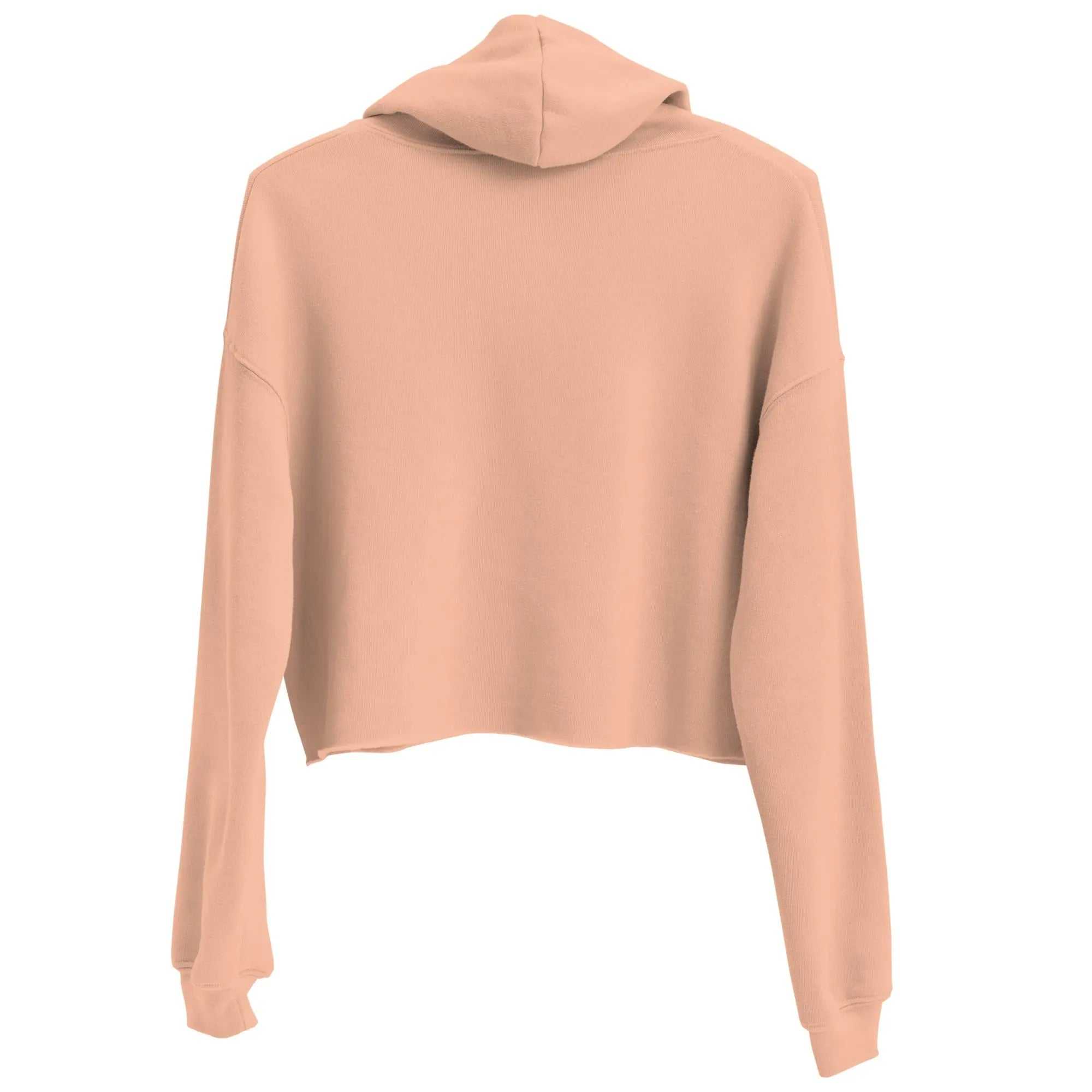 Back view of a peach-colored ladies crop hoodie with raw hem and dropped shoulder design