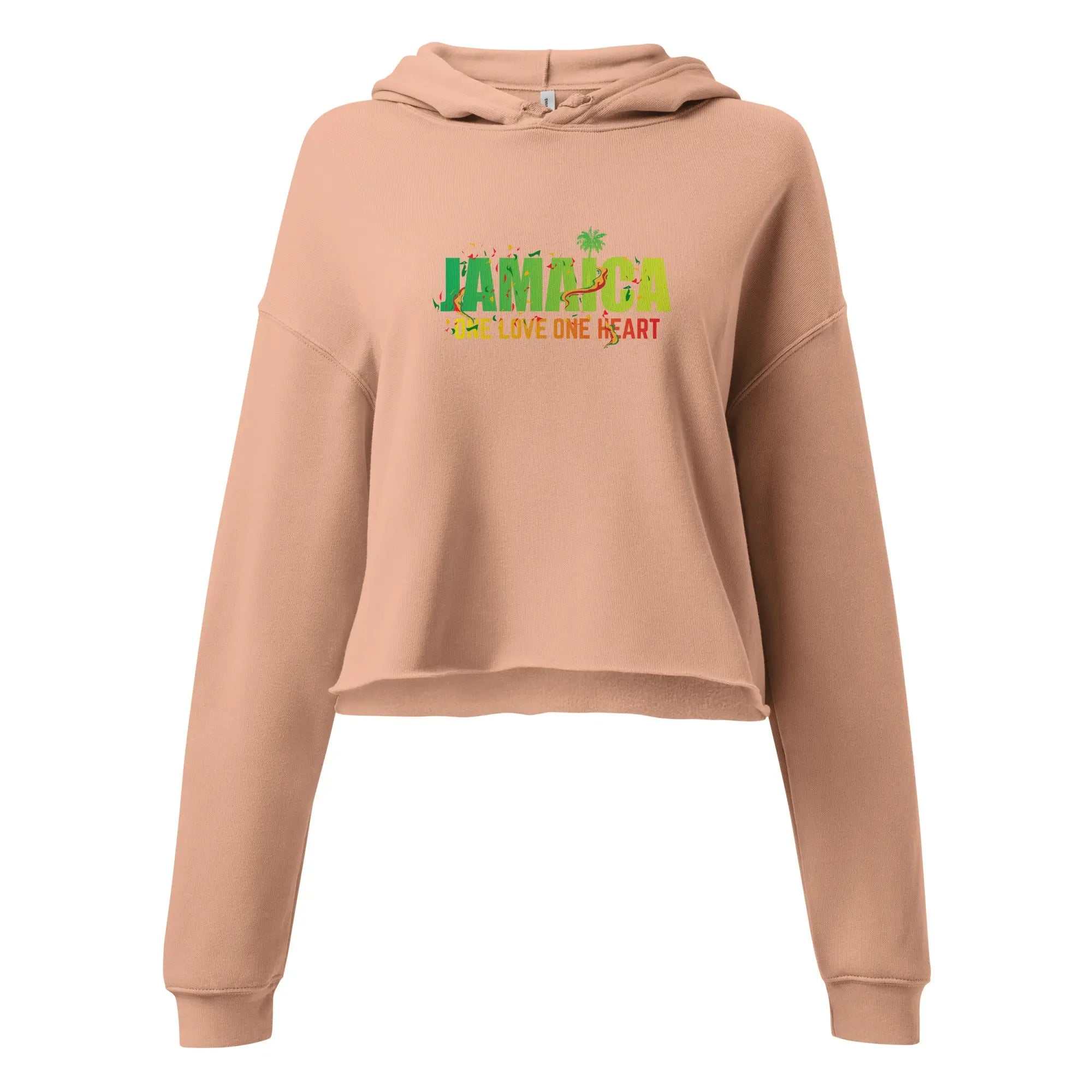 Pink cropped ladies hoodie with Jamaica One Love One Heart design and palm tree graphic