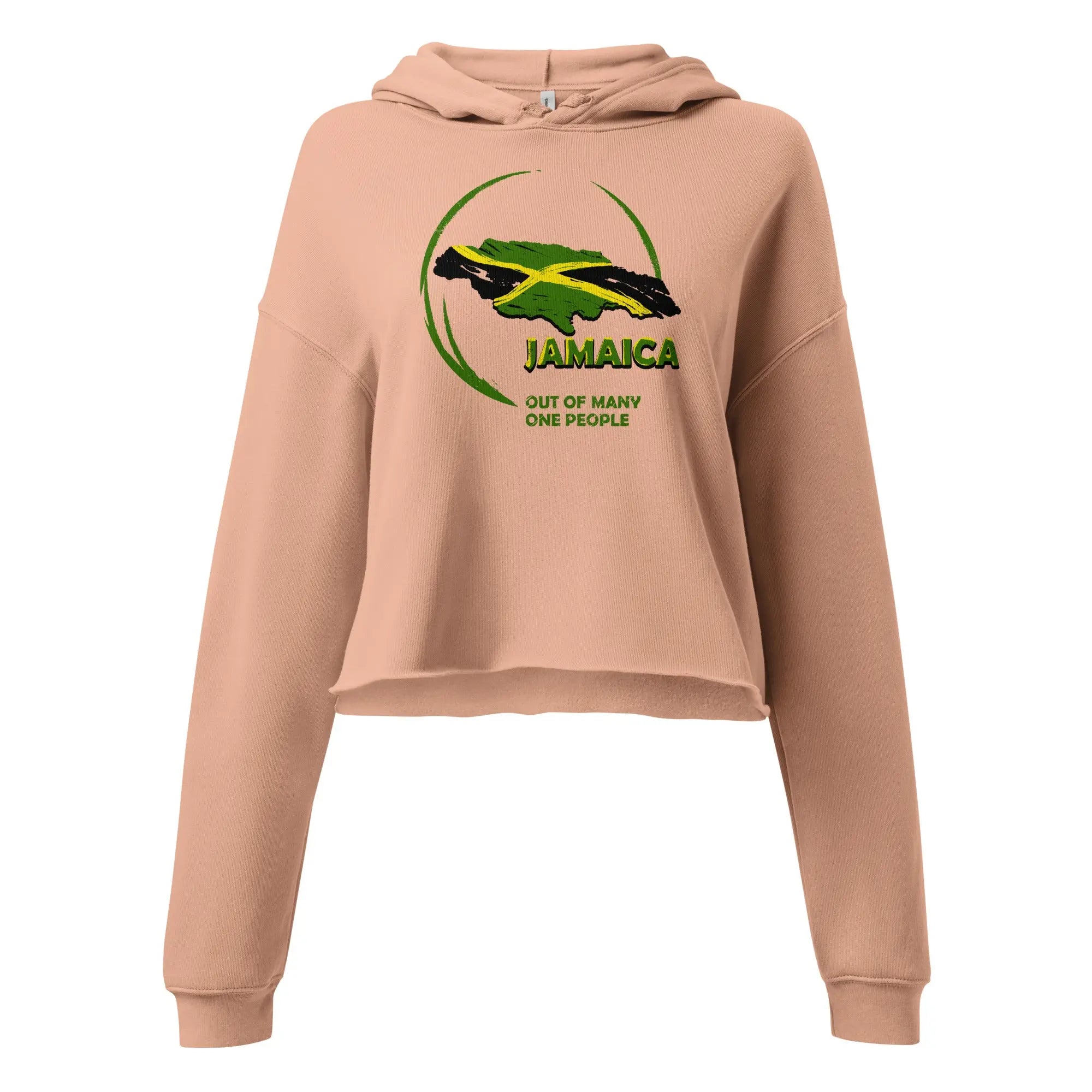 Ladies crop hoodie with raw hem and Jamaica graphic print, dyed-to-match drawstrings, and dropped shoulder design