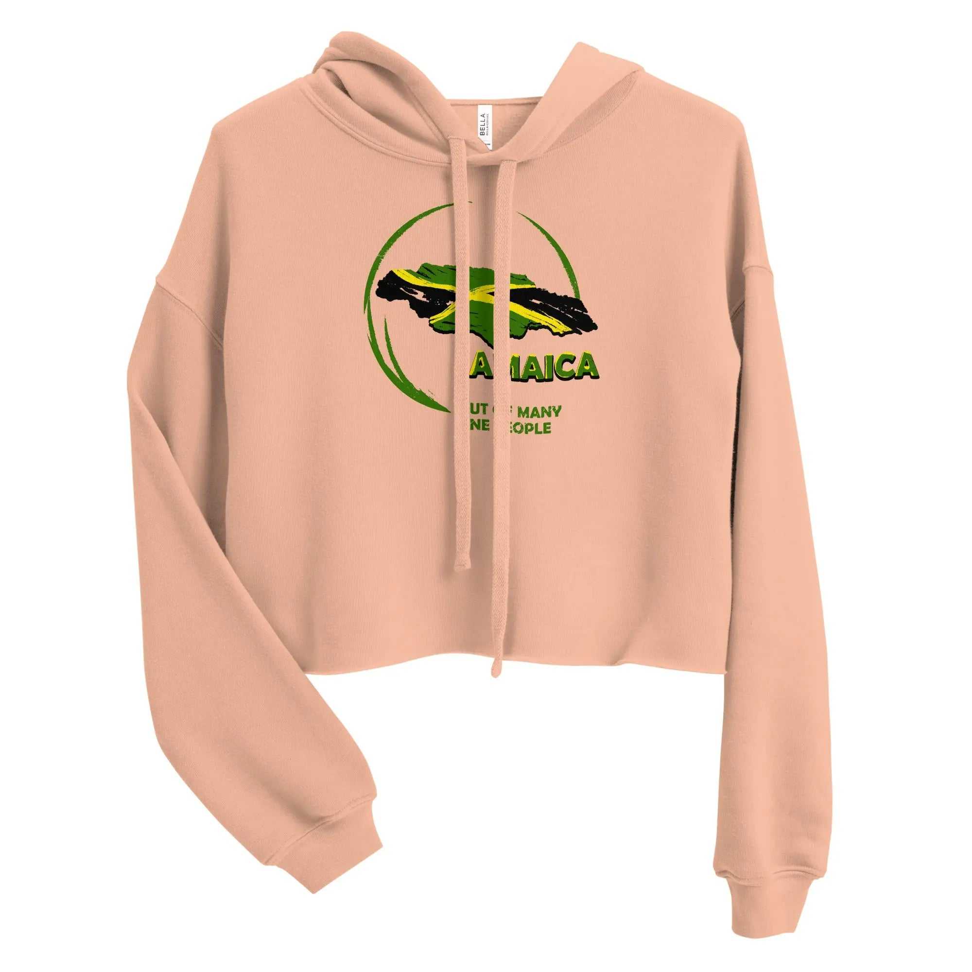 Peach cropped hoodie with raw hem and Jamaica graphic for ladies
