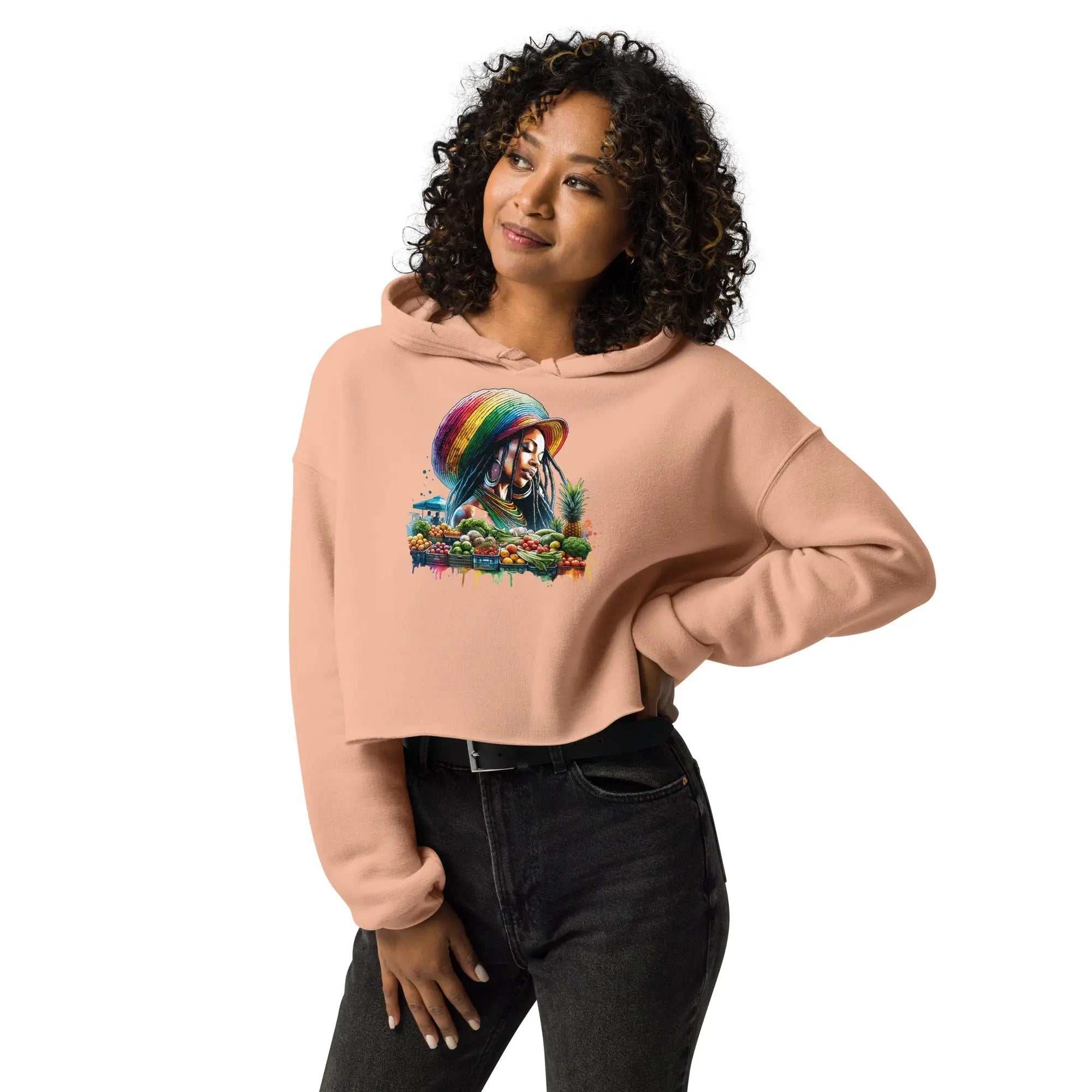 Woman wearing Natural Beauty Ladies Crop Hoodie with colorful Rastafarian woman and tropical fruits design