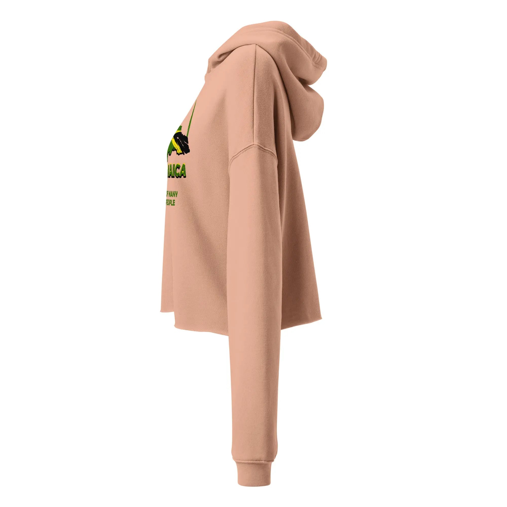 Side view of a ladies crop hoodie in beige with dropped shoulder cut and raw hem and matching drawstrings