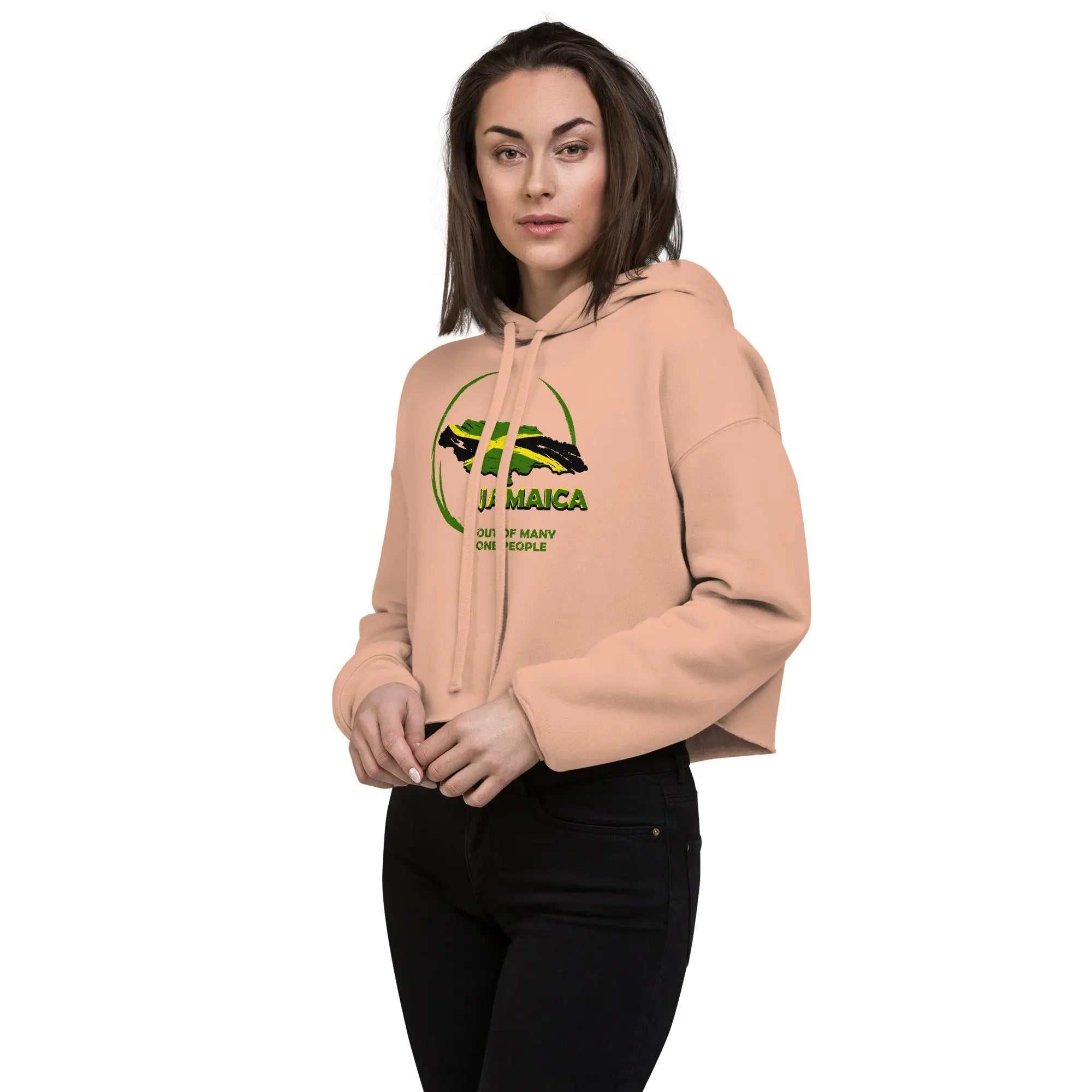 People Ladies Crop Hoodie with raw hem and drawstrings in peach color worn by woman
