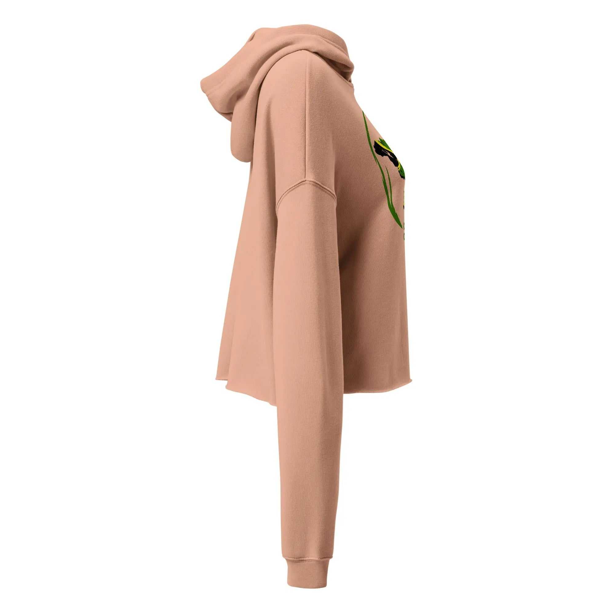 Side view of beige People Ladies Crop Hoodie with raw hem and dropped shoulder design
