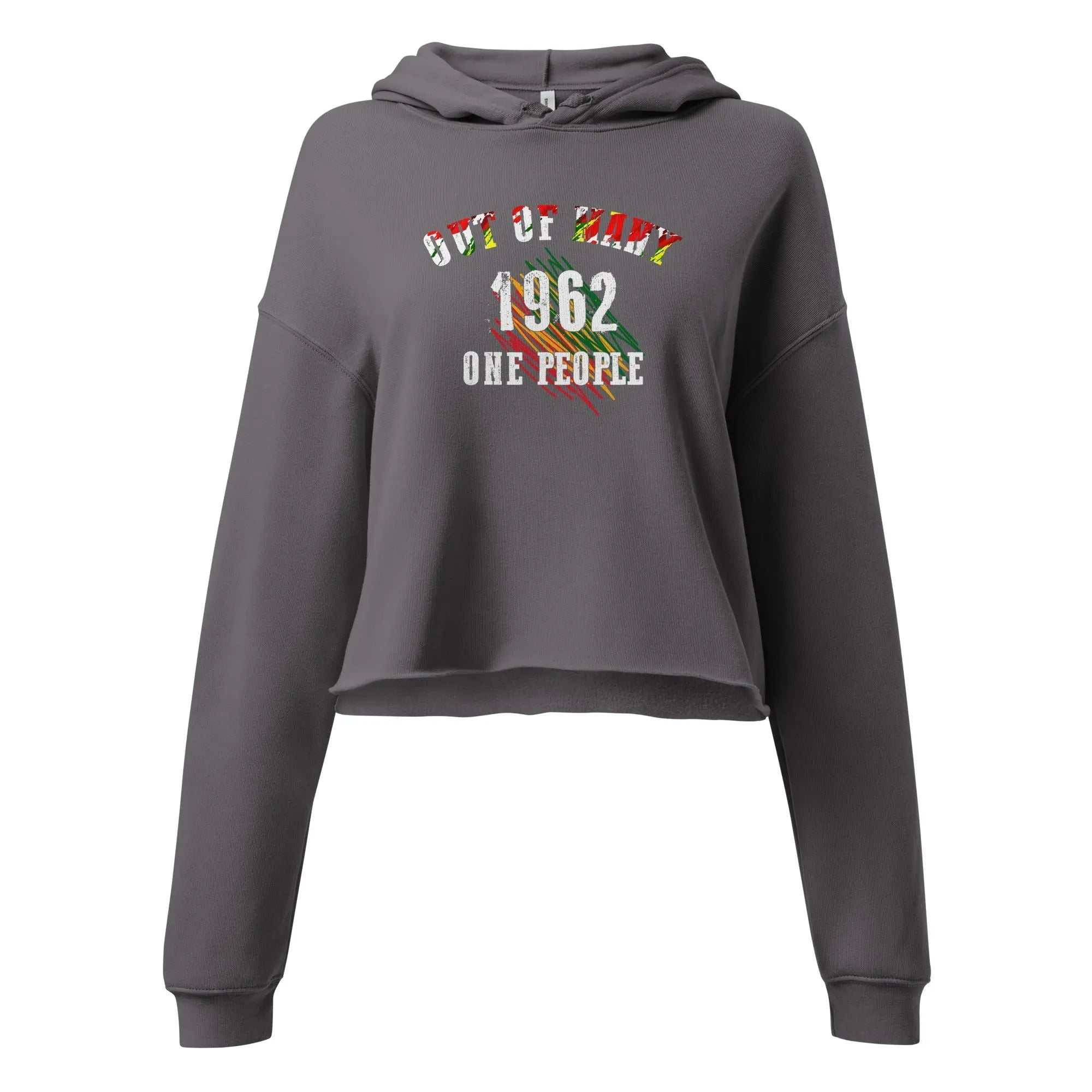 Grey Ladies cropped hoodie with "Out of Many 1962 One People" text and Jamaican flag colors design