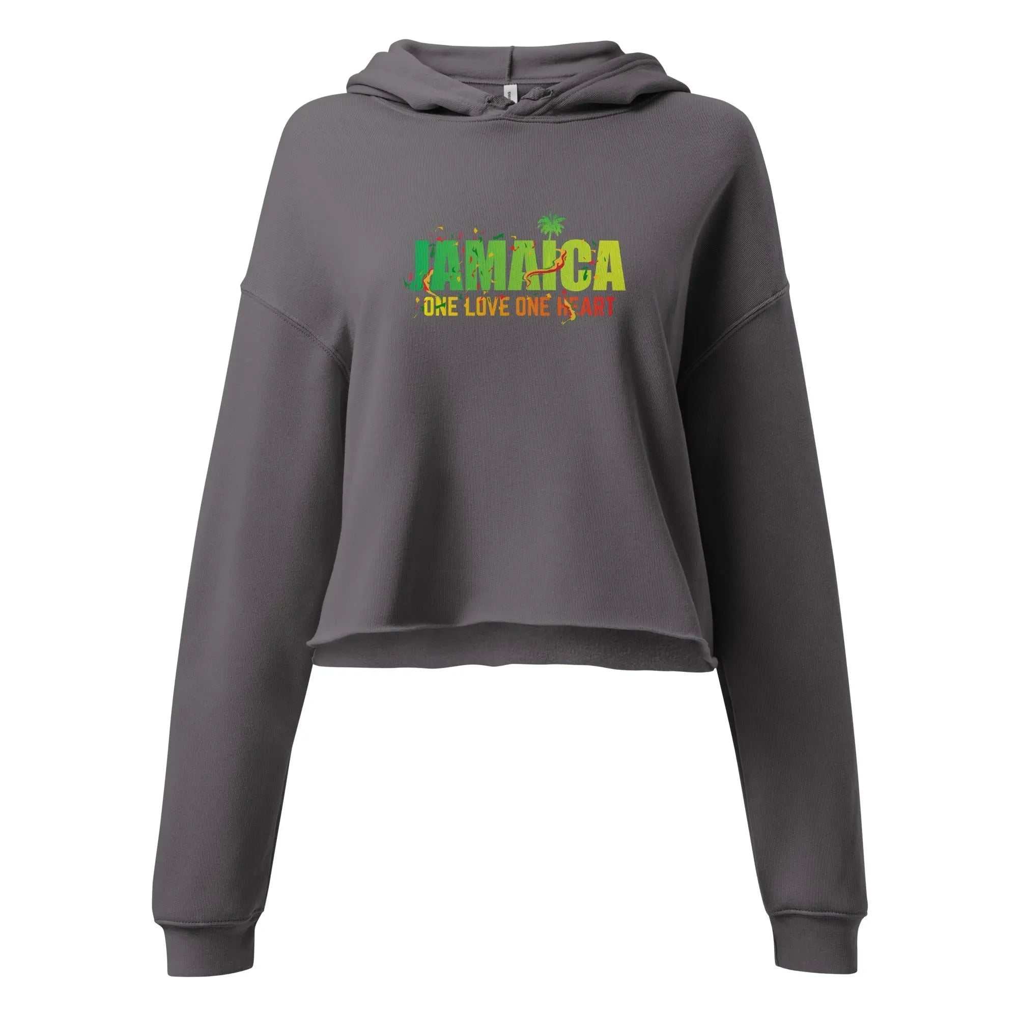 Ladies crop hoodie with Jamaica colors and "One Love One Heart" text, cropped fit and dropped shoulders