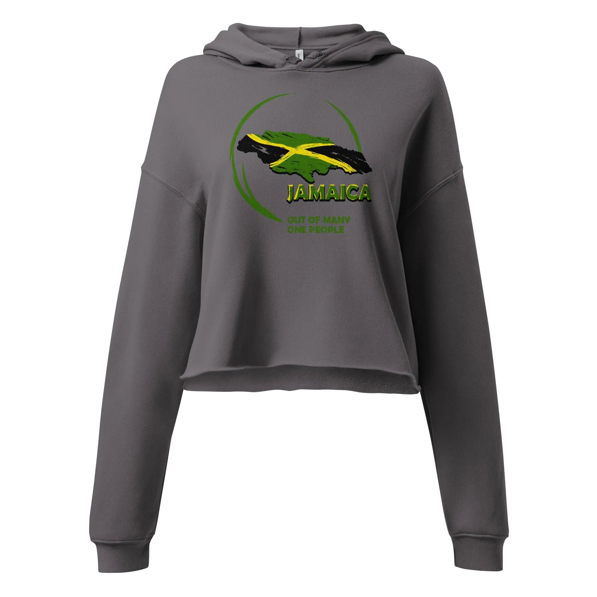 Gray ladies crop hoodie with Jamaica graphic, raw hem, and matching drawstrings