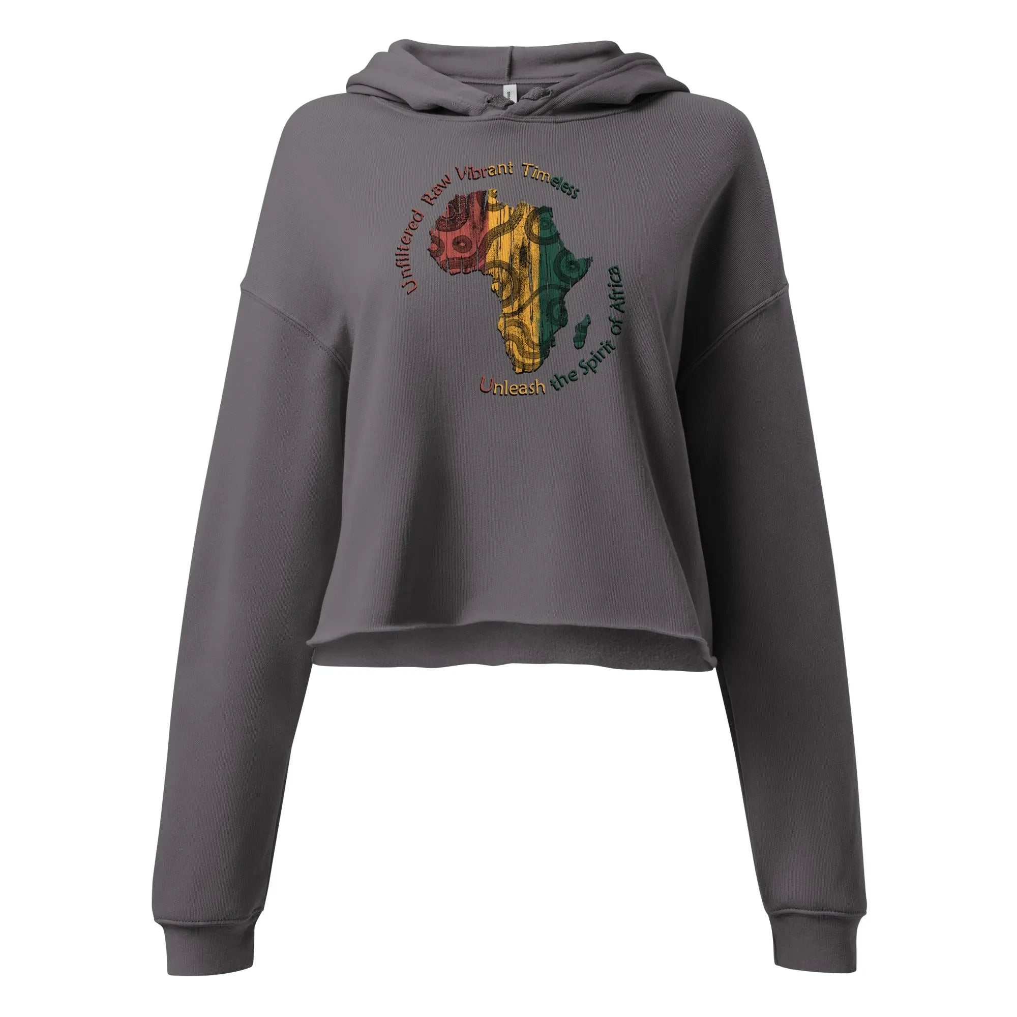 Africa ladies crop hoodie with textured Africa map and vibrant cultural patterns