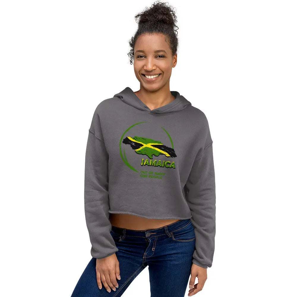 Woman wearing grey People Ladies Crop Hoodie with Jamaica flag and Out Of Many One People text