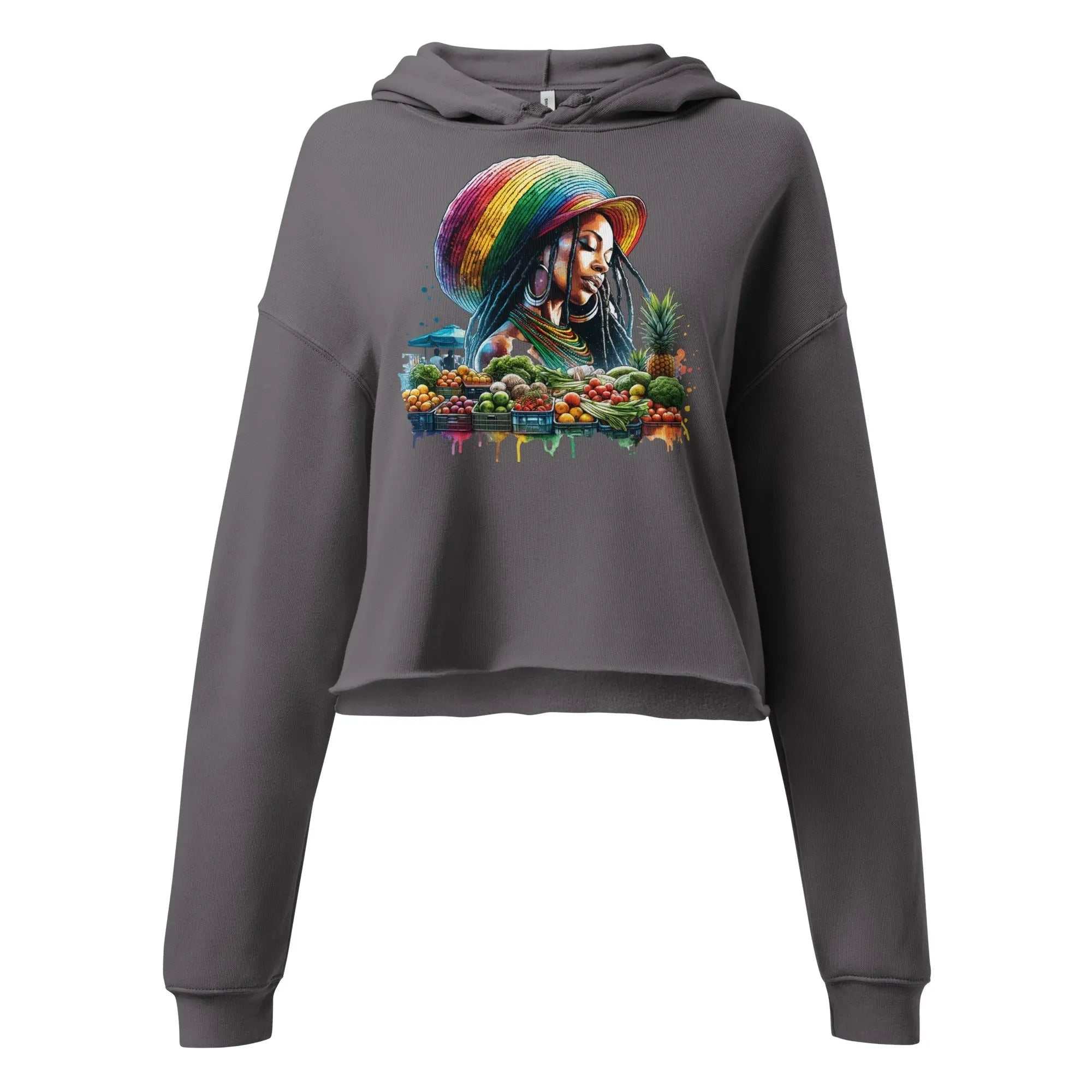 Natural Beauty Ladies Crop Hoodie with colorful Caribbean woman and tropical fruit design on gray fabric