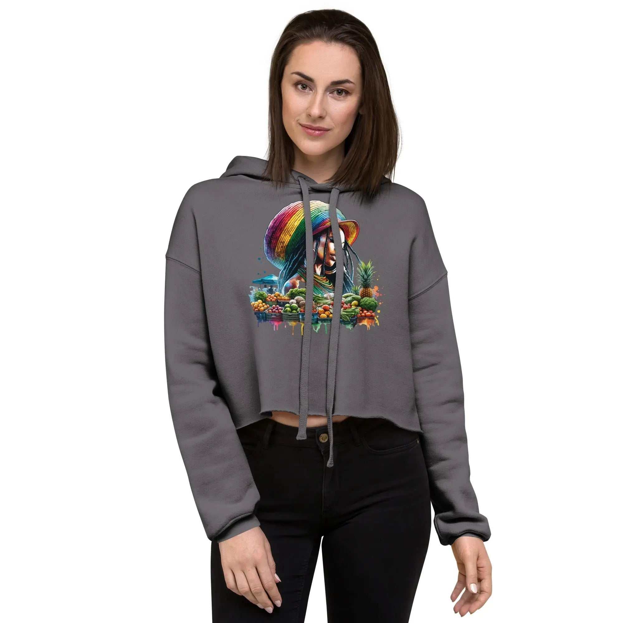 Natural Beauty Ladies Crop Hoodie with colorful Rastafarian woman and tropical fruits design