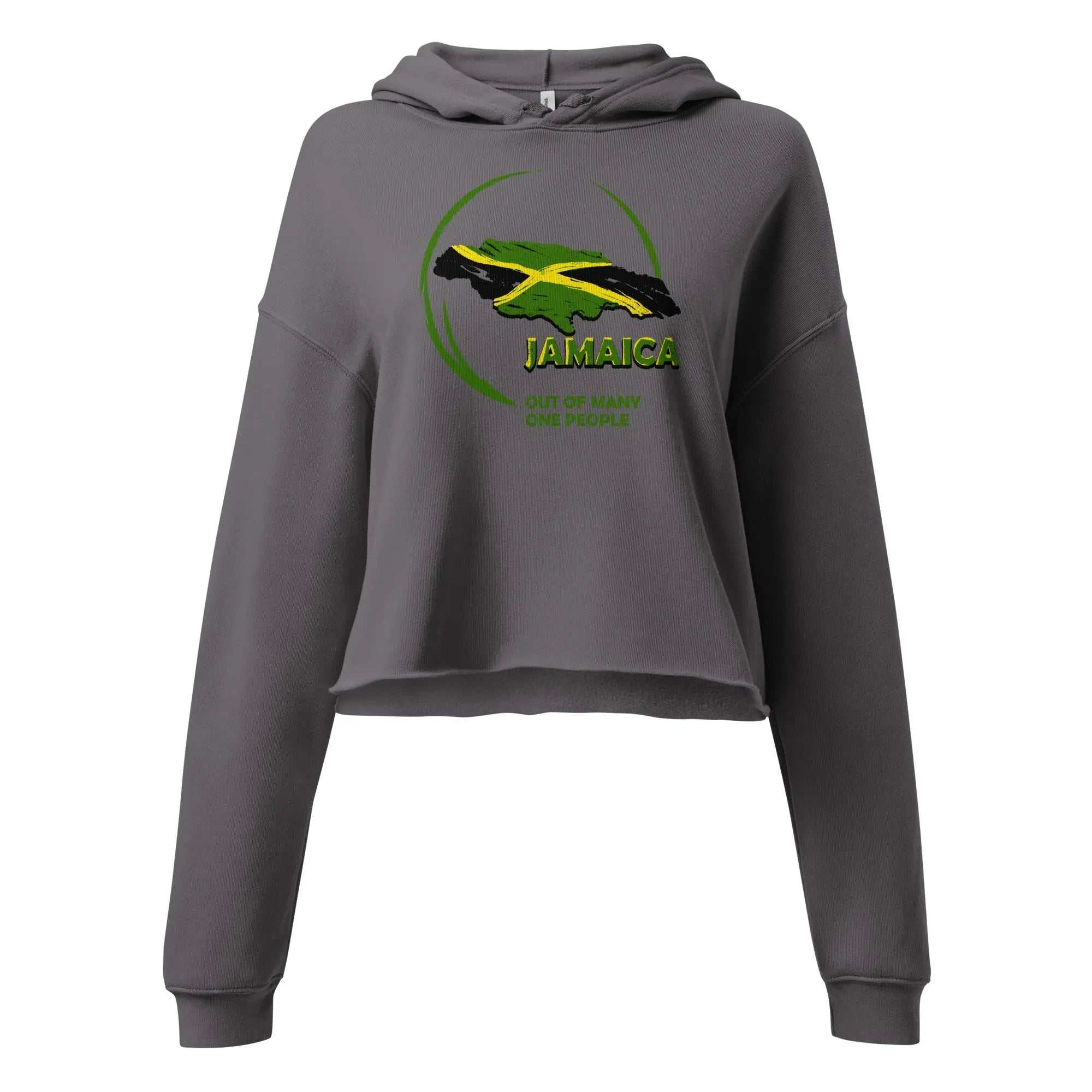 Out Of Many One People cropped hoodie with Jamaica map and flag colors in green, gold, and black on grey fabric.