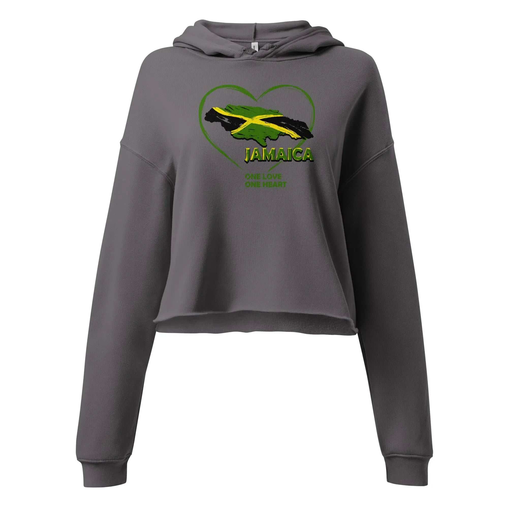 One Love One Heart cropped hoodie with Jamaica flag heart graphic, raw hem, and matching drawstrings in charcoal gray