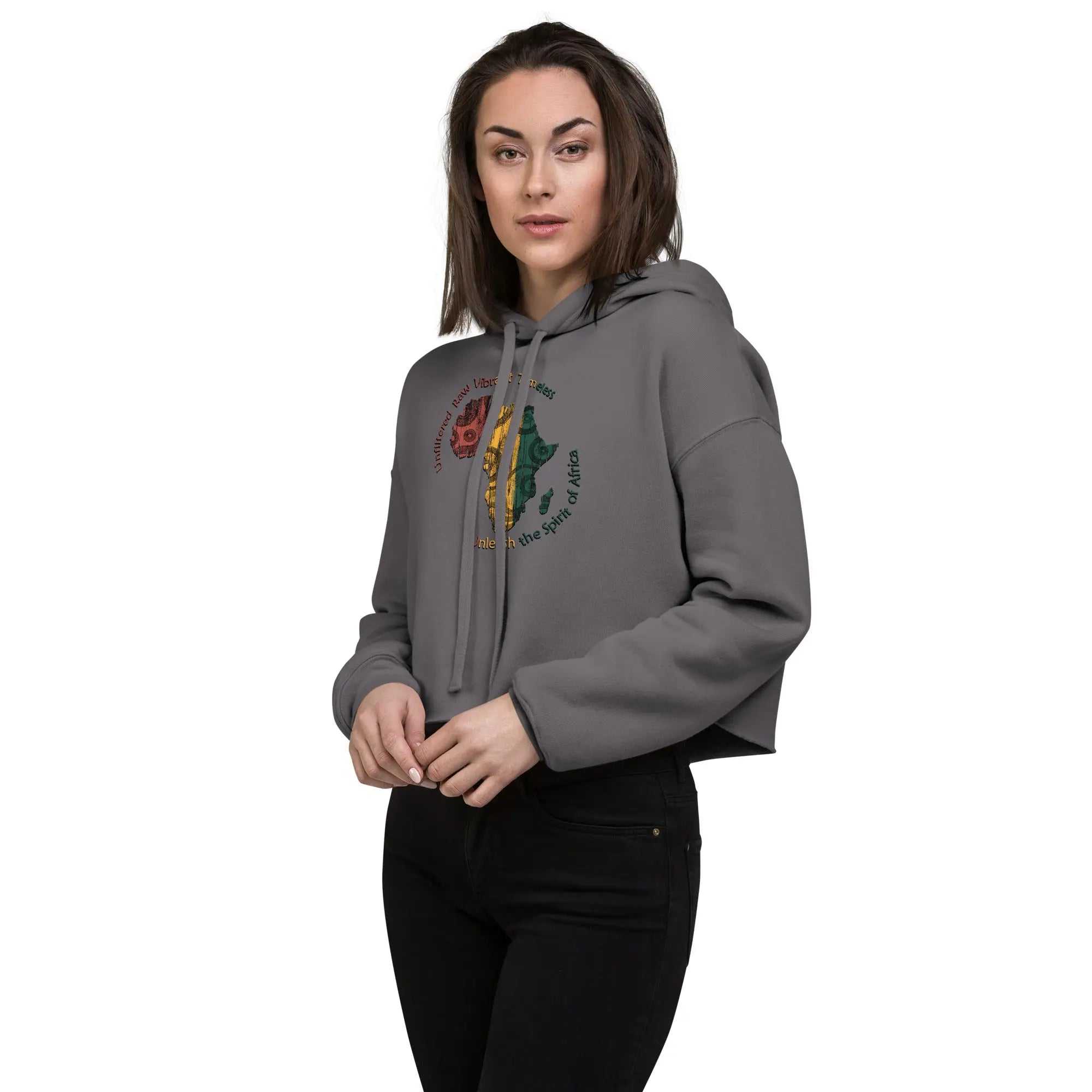Woman wearing gray Africa ladies crop hoodie with colorful African map design and raw hem