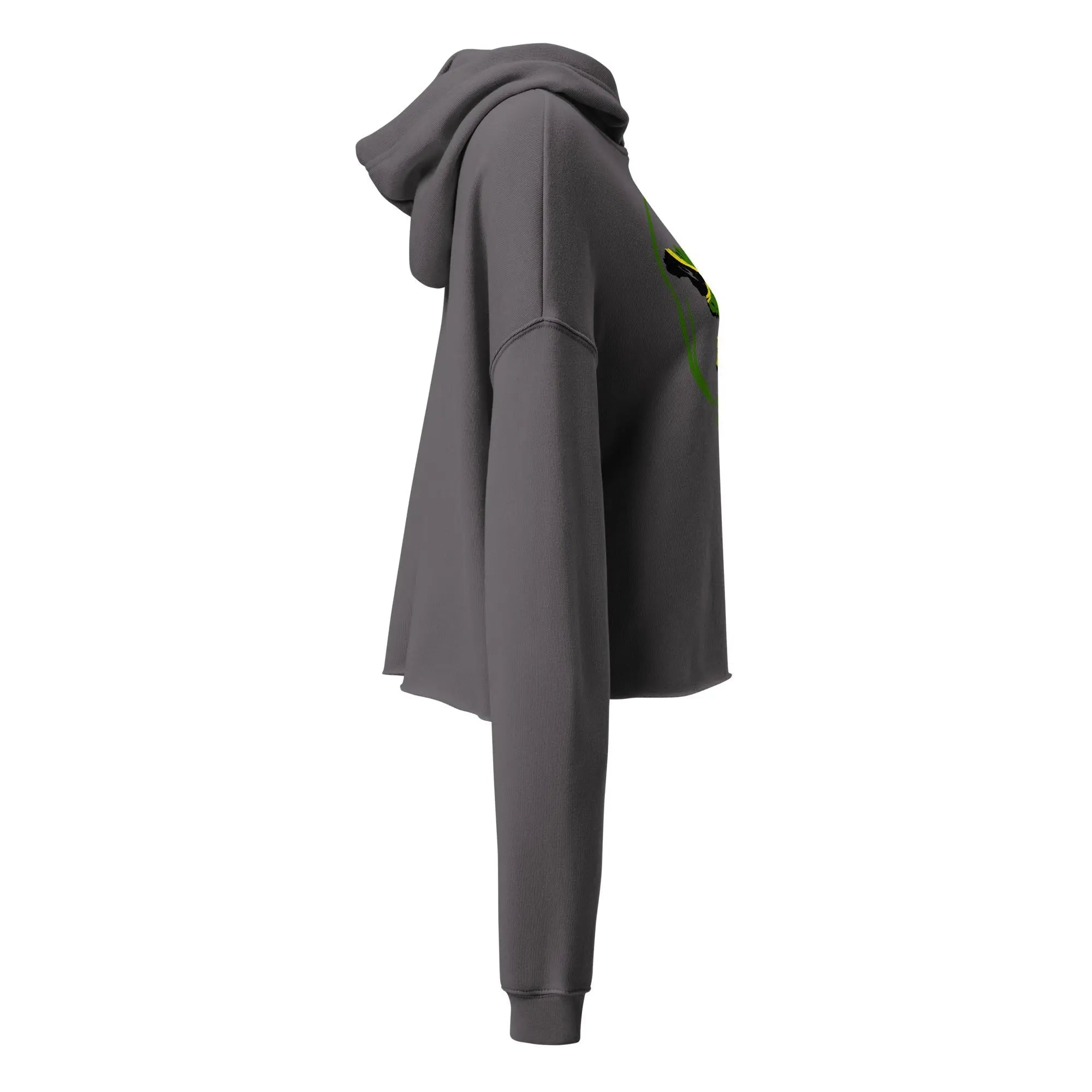 Side view of a grey ladies crop hoodie with a dropped shoulder and hood