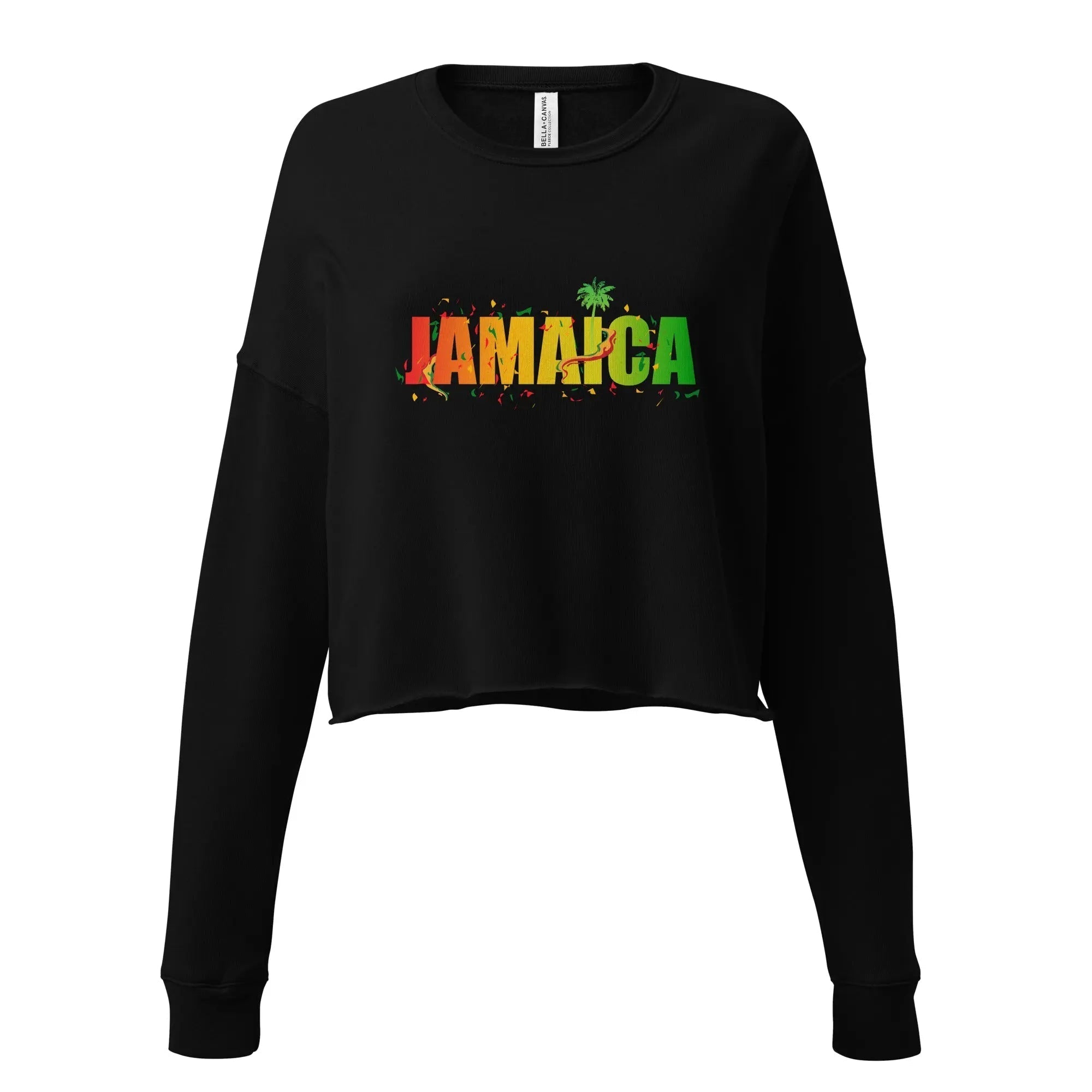 Black Jamaica Out Of Many One People crop sweatshirt with colorful tropical lettering design
