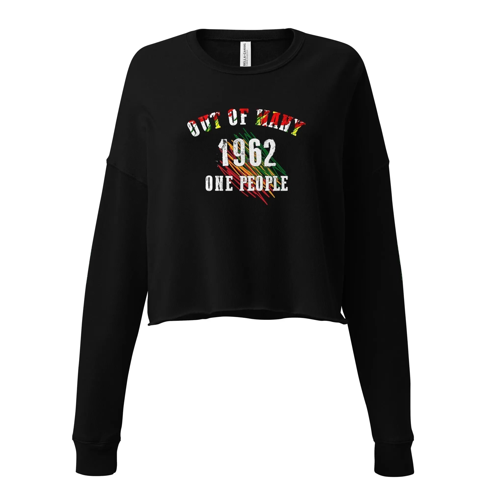 Black cropped sweatshirt with "Out of Many 1962 One People" colorful text celebrating Jamaican unity and independence.