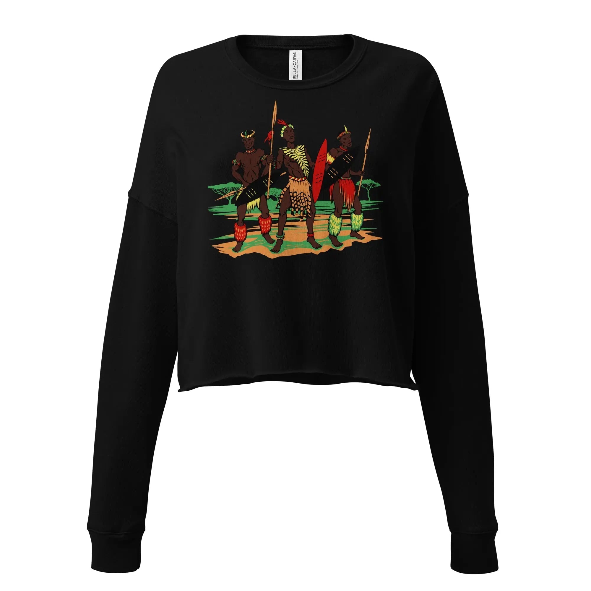 Black crop sweatshirt featuring African Zulu warriors artwork with shields and spears.