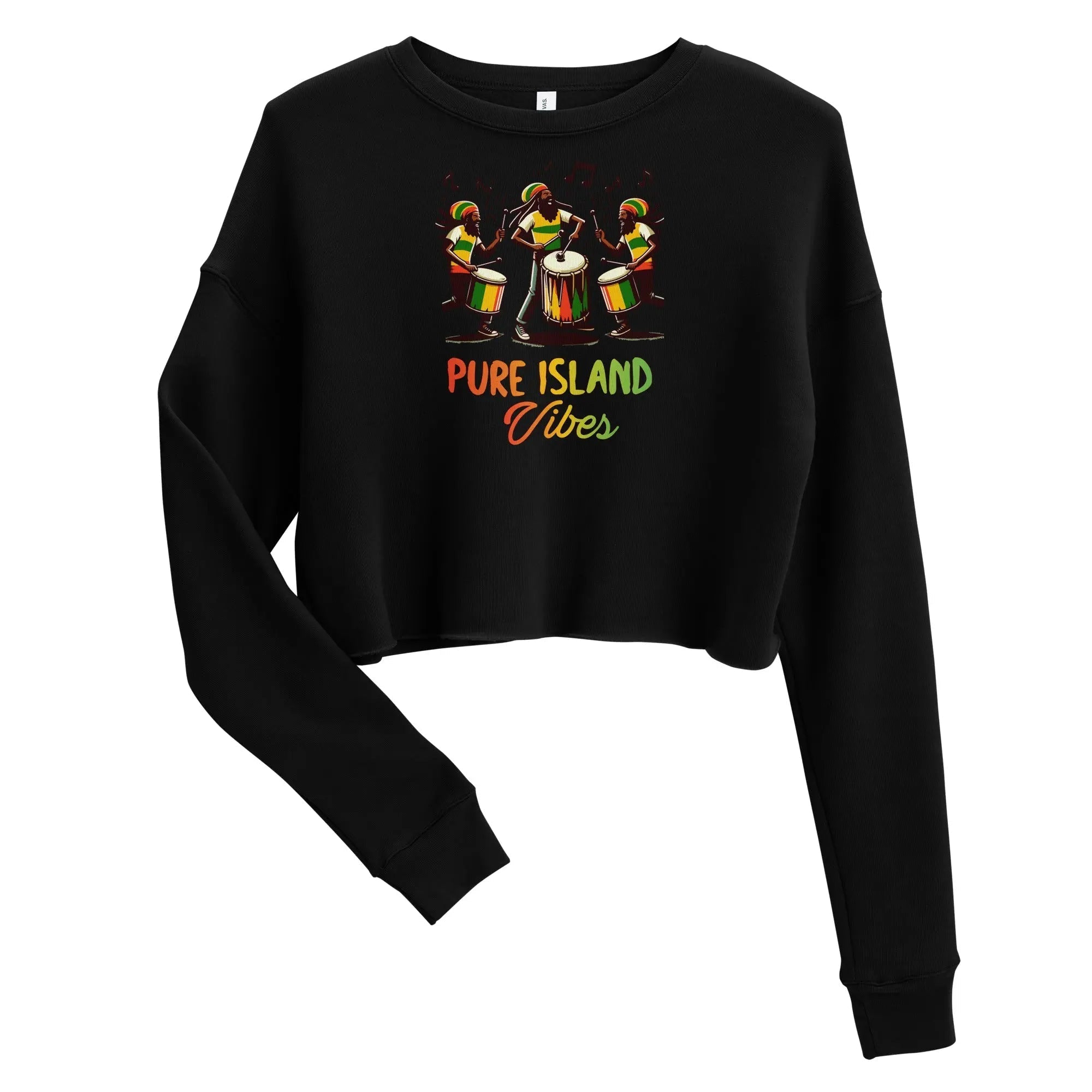 Black cropped sweatshirt with colorful drummers and "Pure Island Vibes" text design