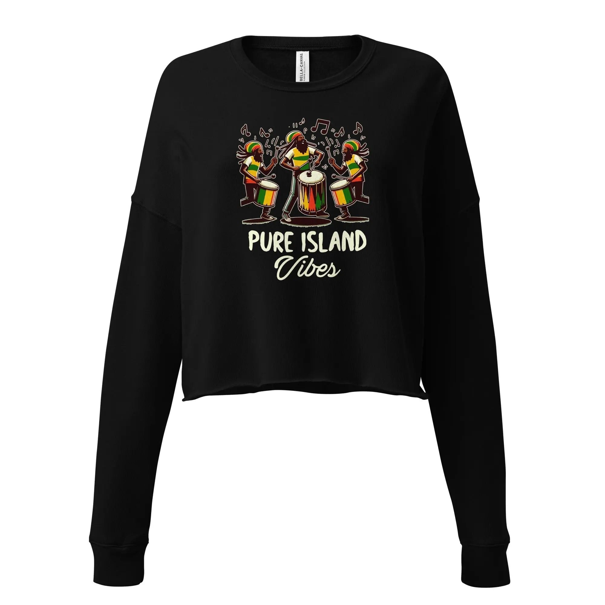 Black Pure Island Vibes Crop Sweatshirt with colorful drummers graphic and ribbed cuffs